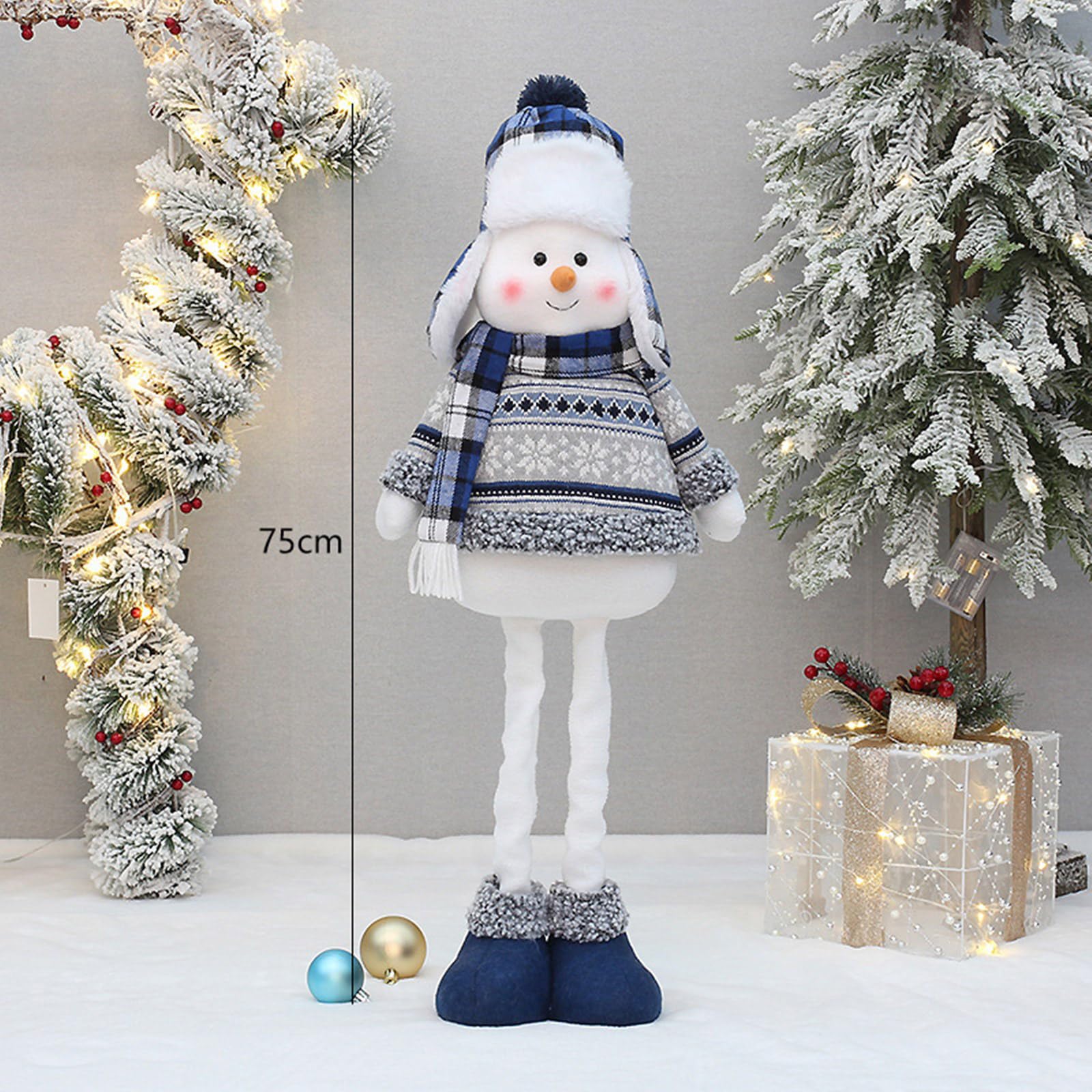 Bonhomme de neige bleu décoration de Noël portant un chapeau chaud et une écharpe en tissu peluche télescopique figurine de bonhomme de neige debout poupée décoration bureau