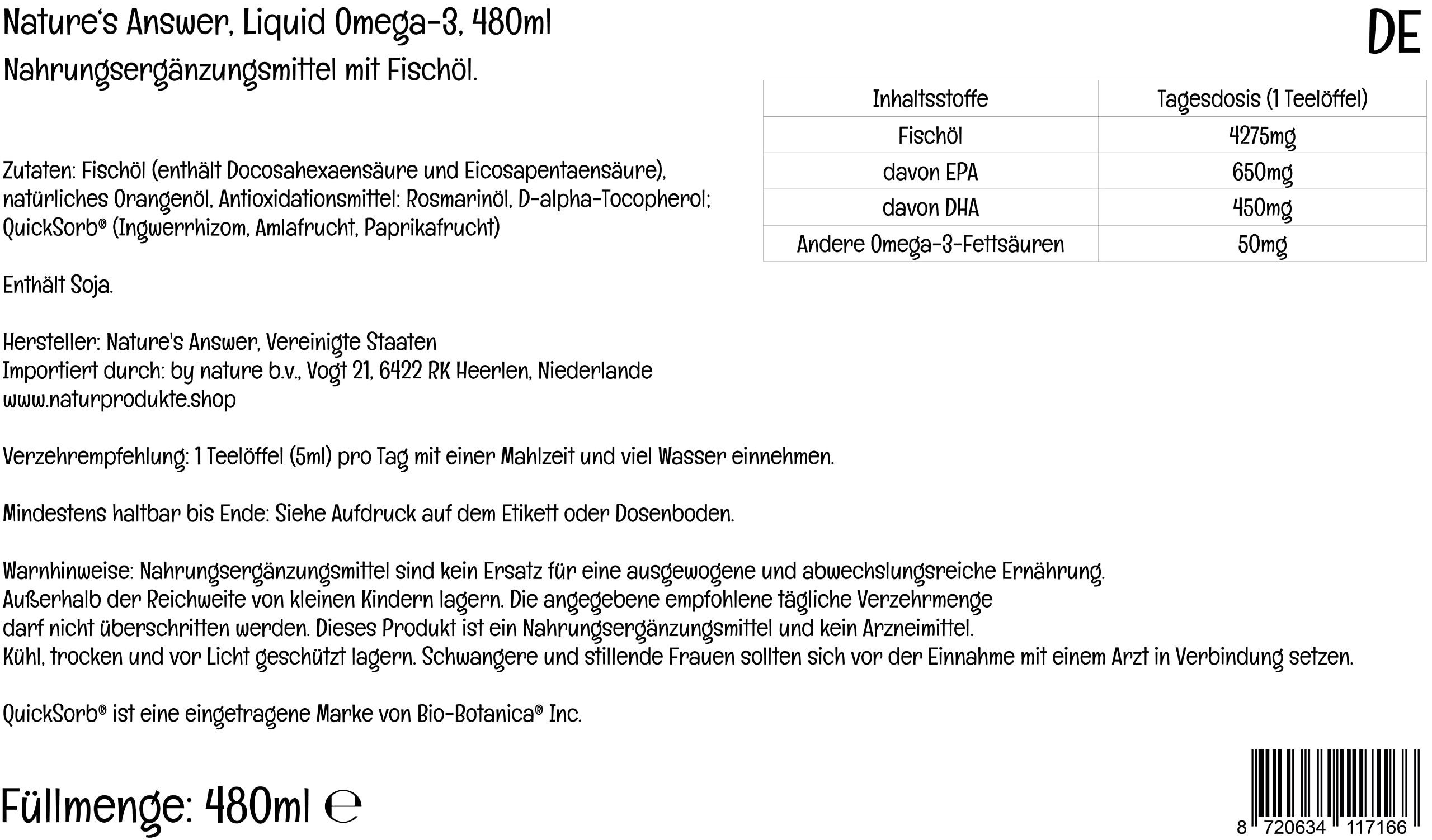 Nature's Answer, Płyn Omega-3 (płyn Omega-3), z EPA i DHA, wysoka dawka, 480 ml, testowany laboratoryjnie, bezglutenowy, bez GMO