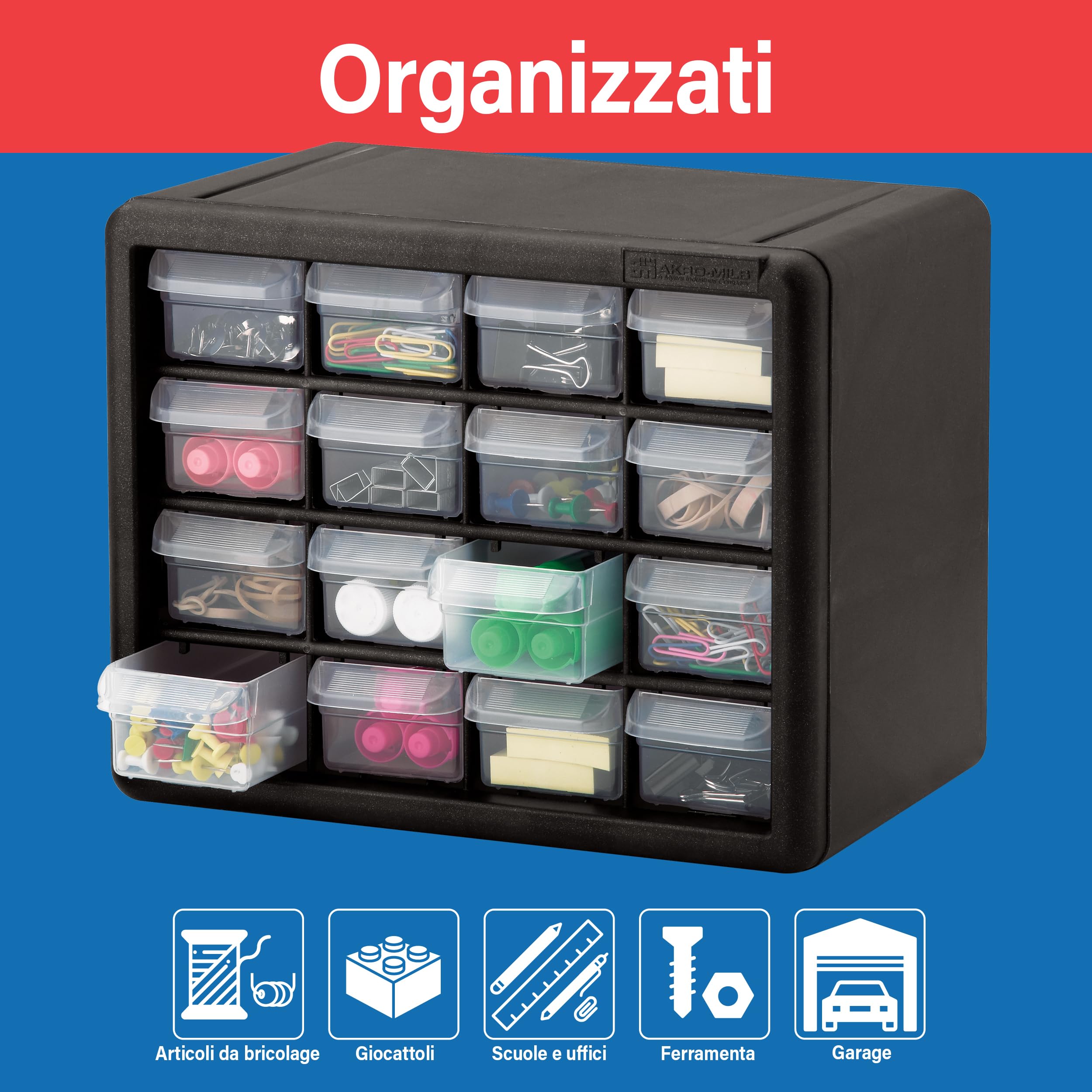 Akro-Mils 10116 16-Drawer Plastic Drawer Storage Cabinet for Garage Organization, Teacher Toolbox, Makeup Organizer, and More, 26,7 cm W x 16 cm D x 21,6 cm H, Black