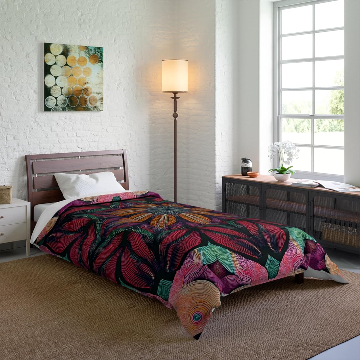 Colorful Bohemian Floral Comforter Cozy Bedding Home Decor Boho Style Bedroom Vibrant Mitzisniftis Art Create Warm Atmosphere