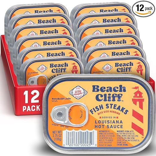 Beach Cliff Wild Caught Fish Steaks in Louisiana Hot Sauce, 3.75 oz Can (Pack of 12) - 15g Protein per Serving