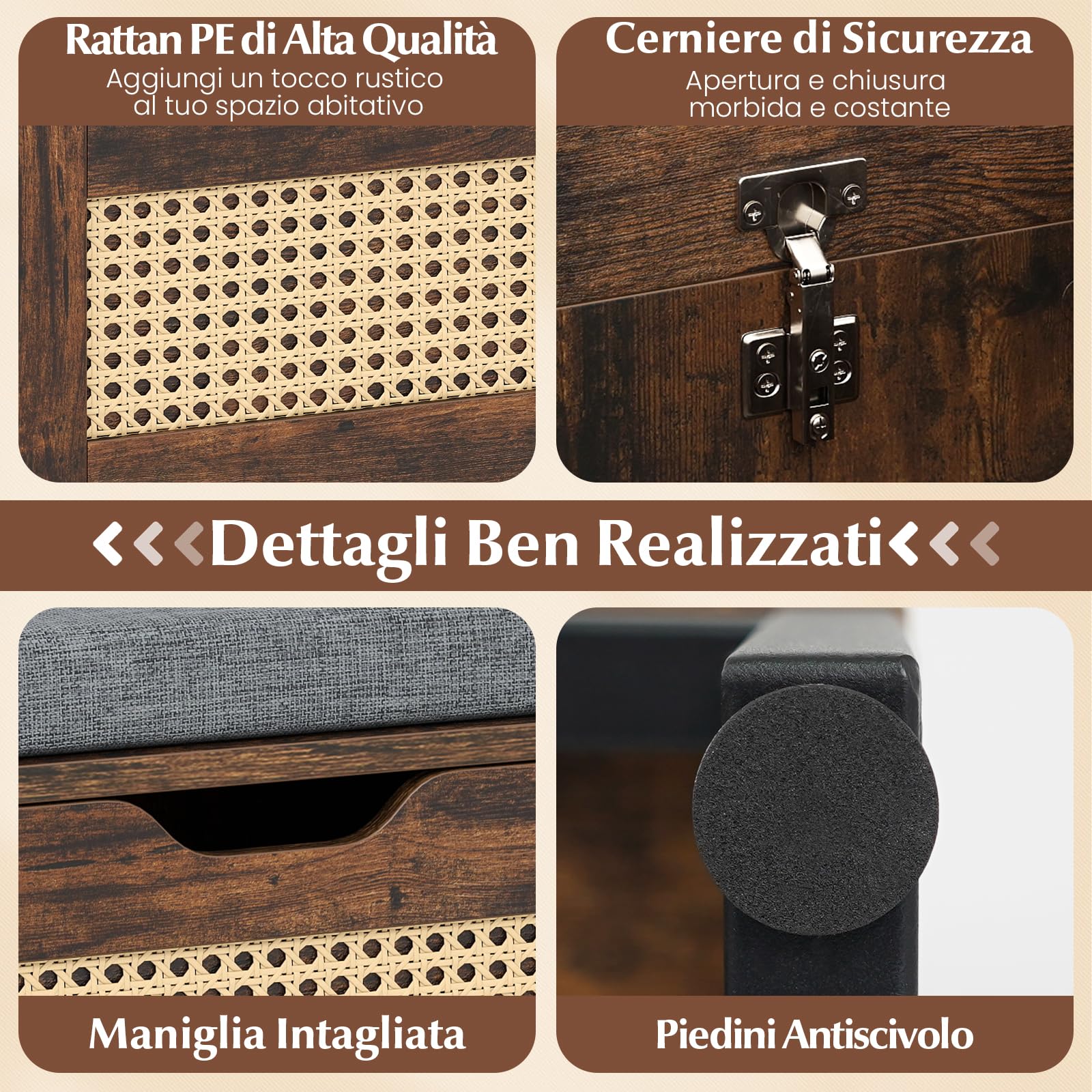 COSTWAY 71L Panca Scarpe con Seduta Imbottita, Cassa Portaoggetti in Rattan con Coperchio Ribaltabile, Panchina da Ingresso con Spazio Nascosto, 100x35x44 cm (Marrone)