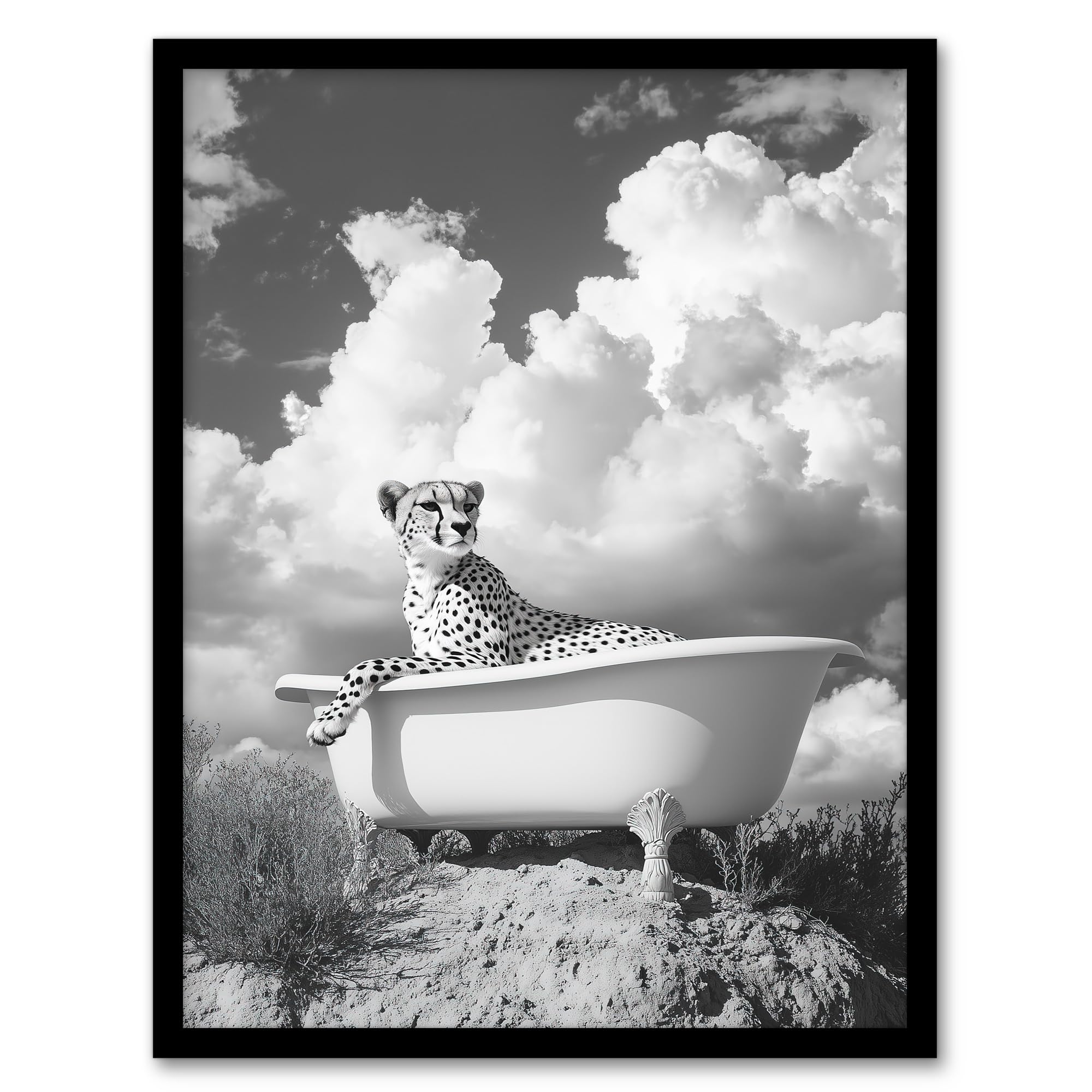 Artery8 Cheetah In Bathtub Black White Desert Surreal Wall Art PrintA4 Size from B&Q