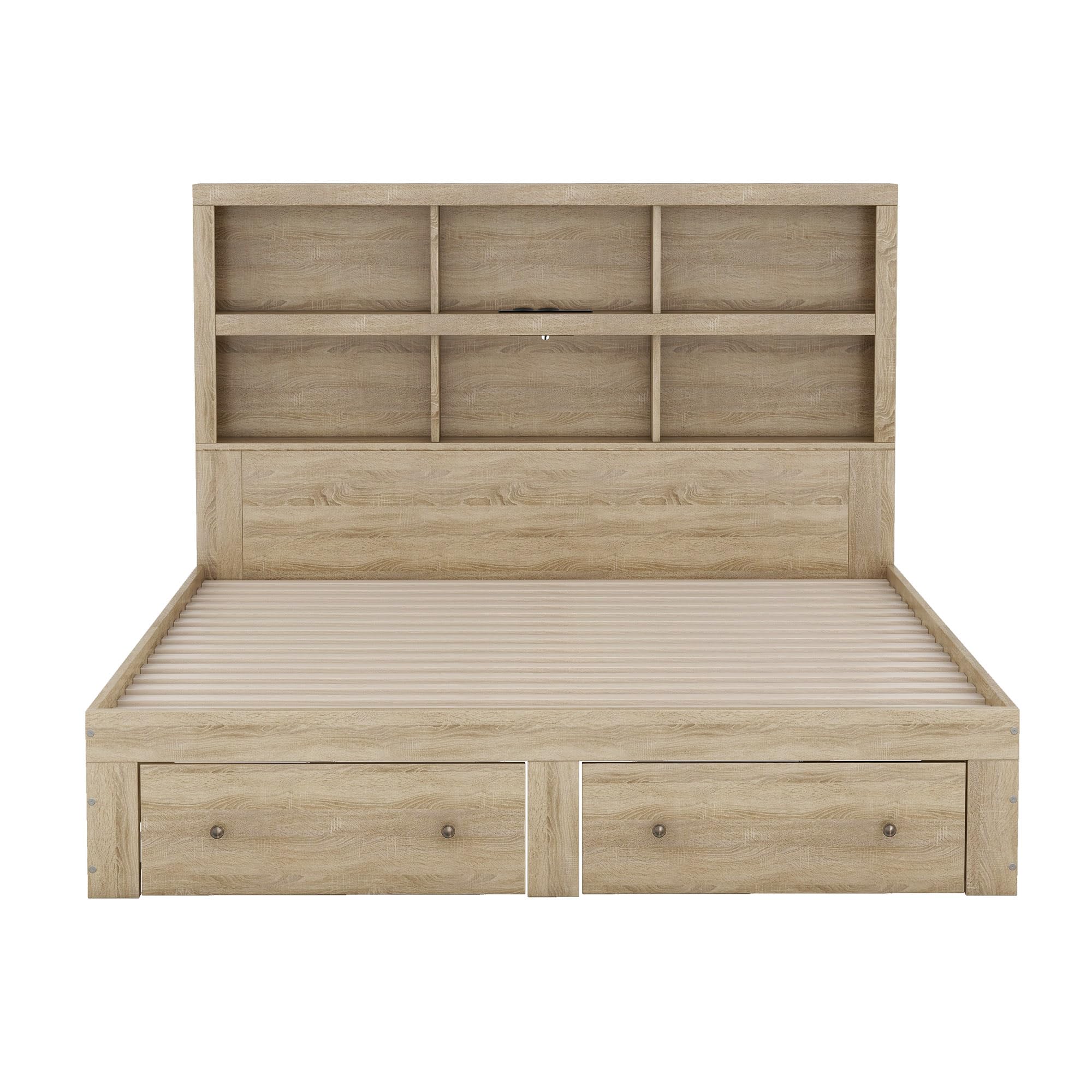 Letto Matrimoniale in Legno Massello 160 x 200 cm con Due Cassetti, Testiera con Vano Portaoggetti e Porta di Ricarica USB (Naturale)