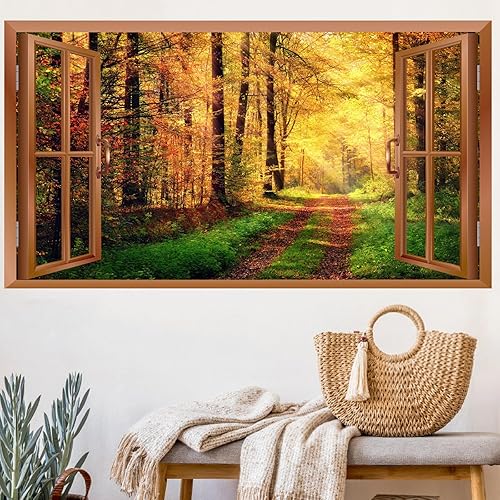 Calcomanías de pared de bosque, 3D, calcomanías de pared de ventanas falsas extraíbles, paisaje natural, calcomanías de pared para despegar y pegar,