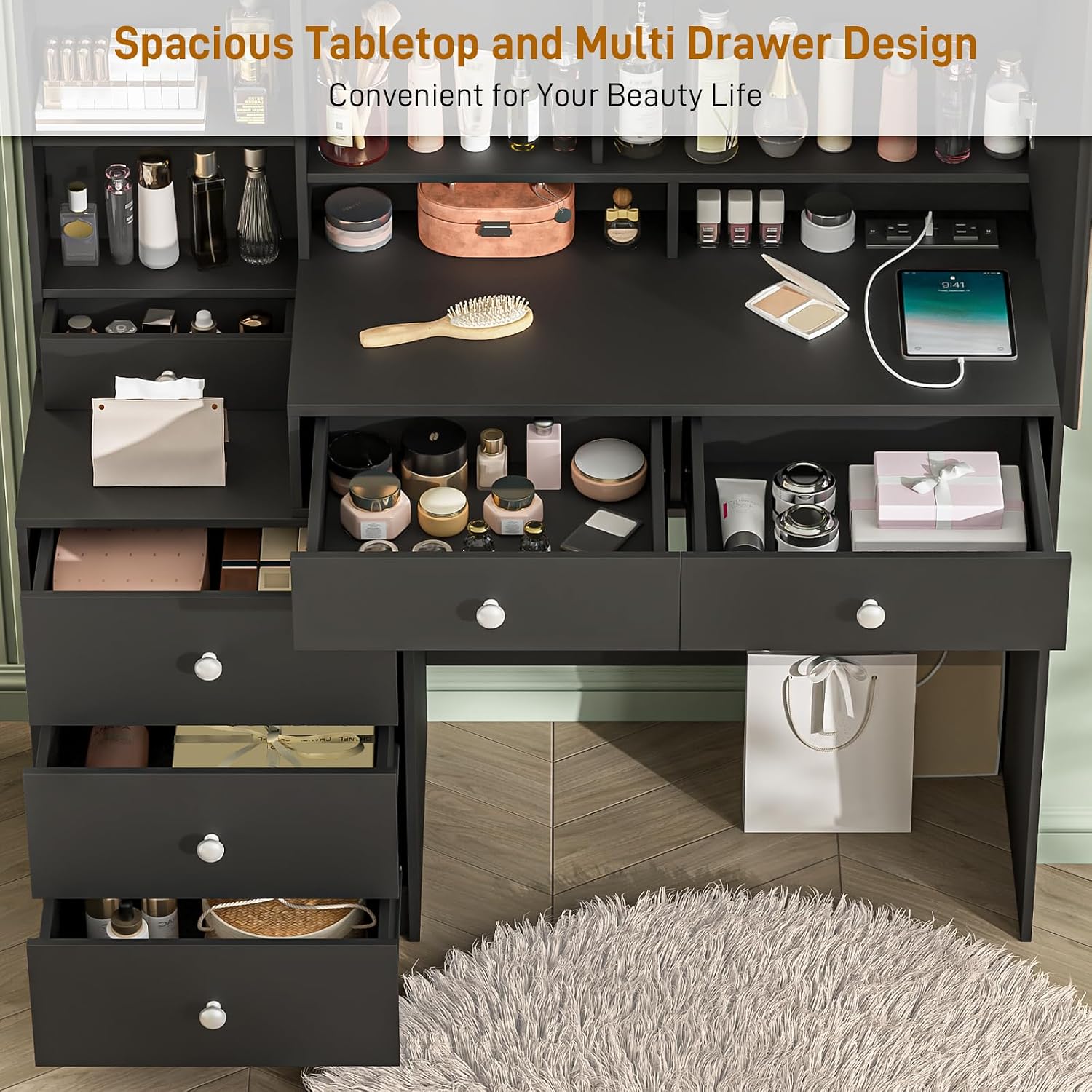 Image showing the vanity desk with its spacious tabletop and multiple drawers for storage