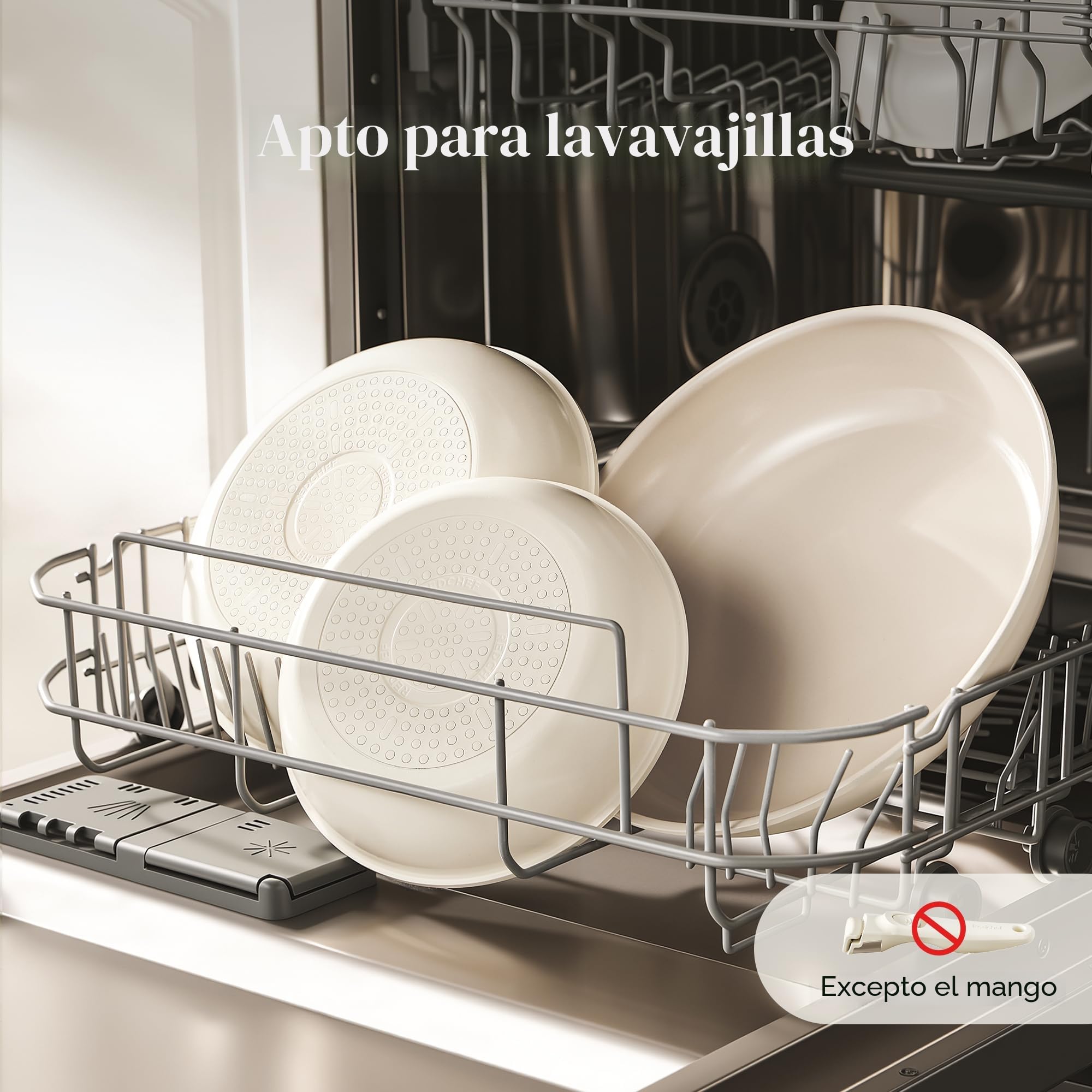 Redchef Juego de Ollas 6 Piezas sartenes Cerámicas, Sartén Cerámica con Granito Antiadherente, Apta para Inducción 20, 24, 28 cm, Ahorra Espacio, Sin Ptfe & Pfoa & Pfas, Horno y Lavavajillas, Beige