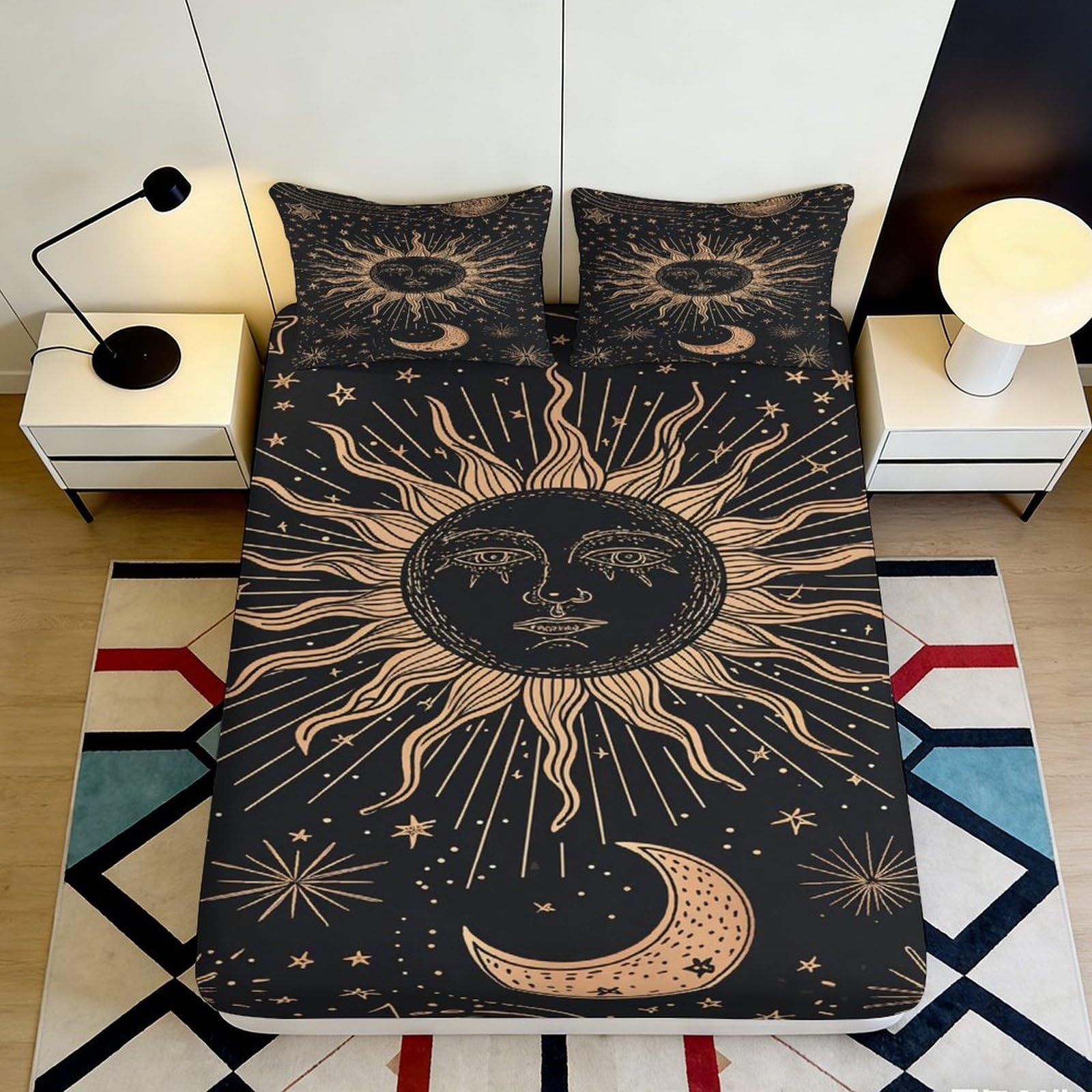 Tjiqhvmrn Style-1 3D Printed Sun Moon Fitted Sheet Microfiber Deep Pocket Non-Slip Elastic Hem Sun Moon Mattress Fitted Cover For Bedroom 90X200x25cm