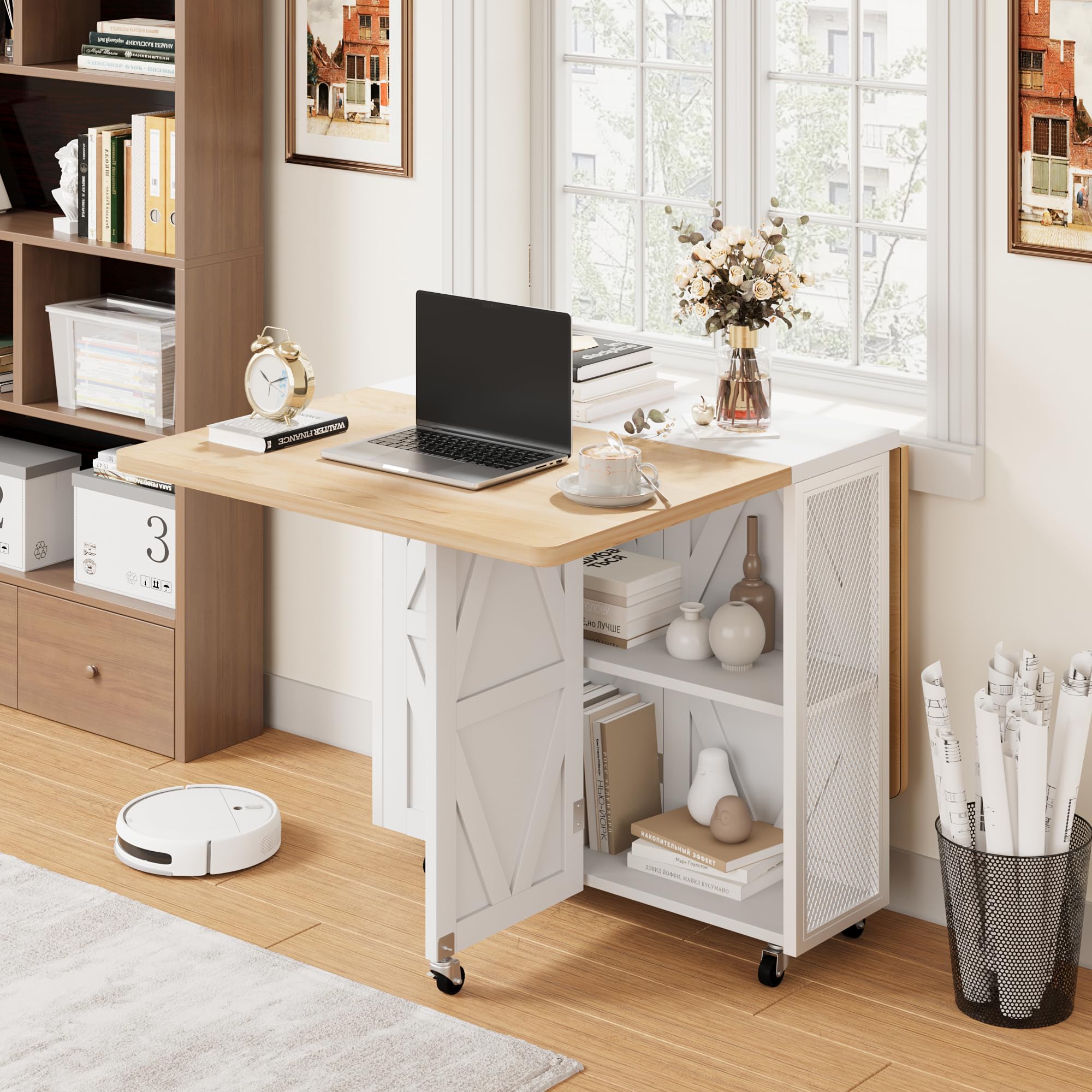 Jocoevol Esstisch Klappbar Küchentisch für 2-4 Personen, Klapptisch mit Trennwand und zweilagigem offenem Regal, Ausziehbar mit Rollen für Küche & Esszimmer, 120x60x76 cm, Ahorn + Weiß