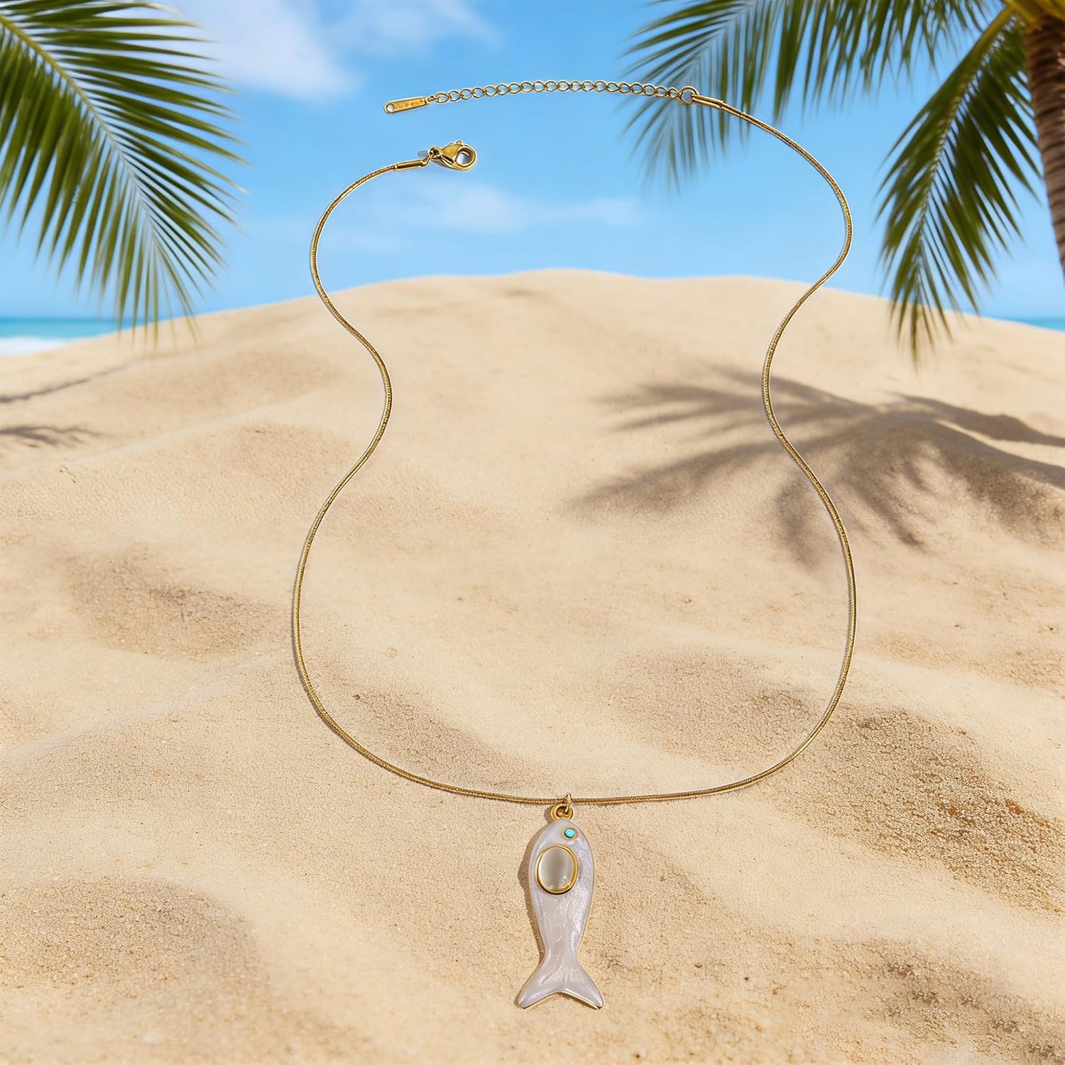 Boho Summer Fish Sea Pendant Charms Necklace For Women,Colored Seashore Ocean Holiday Stainless Steel Chain Surfer Jewelry Choker Necklace Adjustable - Image 4