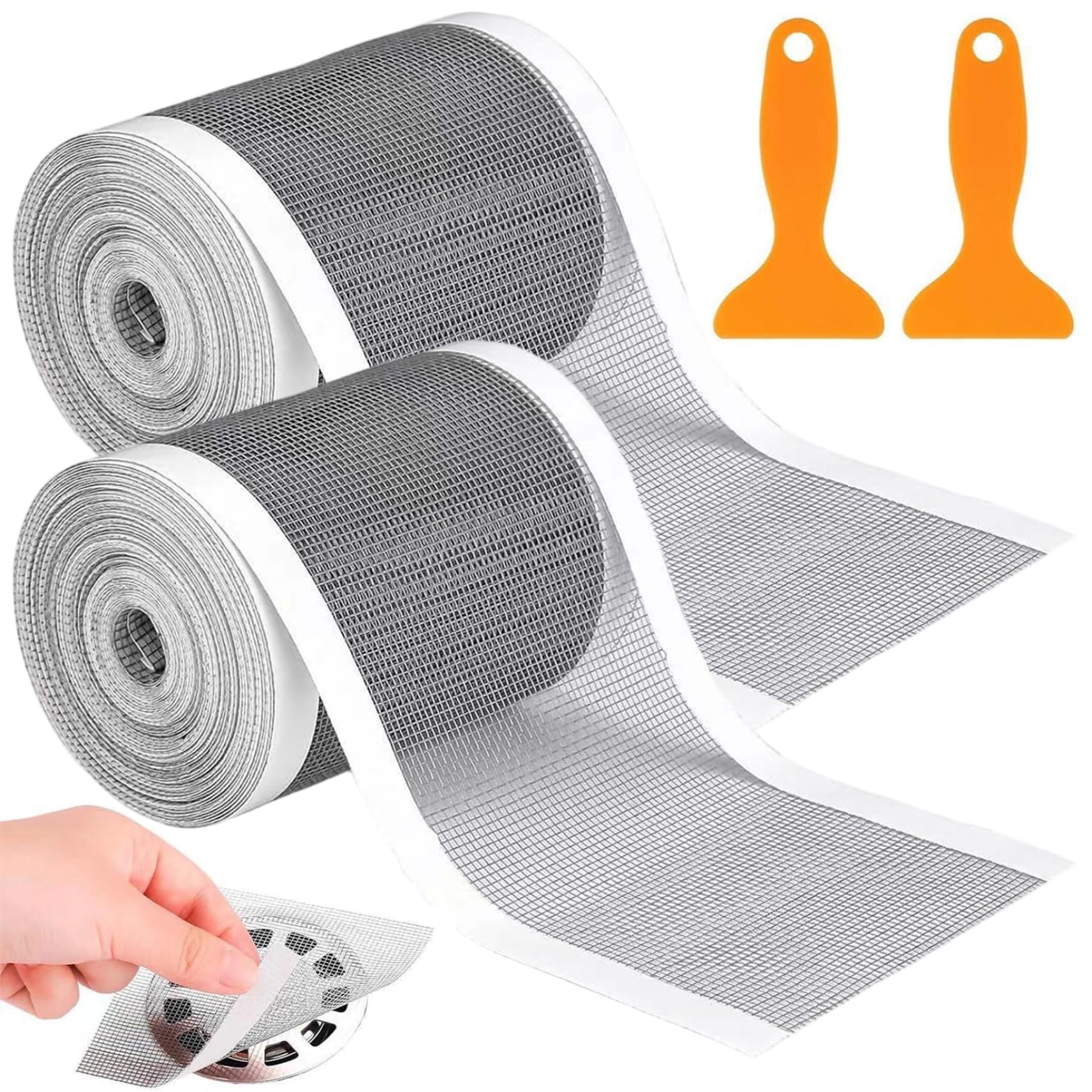 Perodlly Disposable Shower Drain Hair Catcher 5" x33ft 2 Roll Cutable Shower Drain Screen with Scraper Self-Adhesive Fiber Mesh Stickers for Bathroom Kitchen Sink.