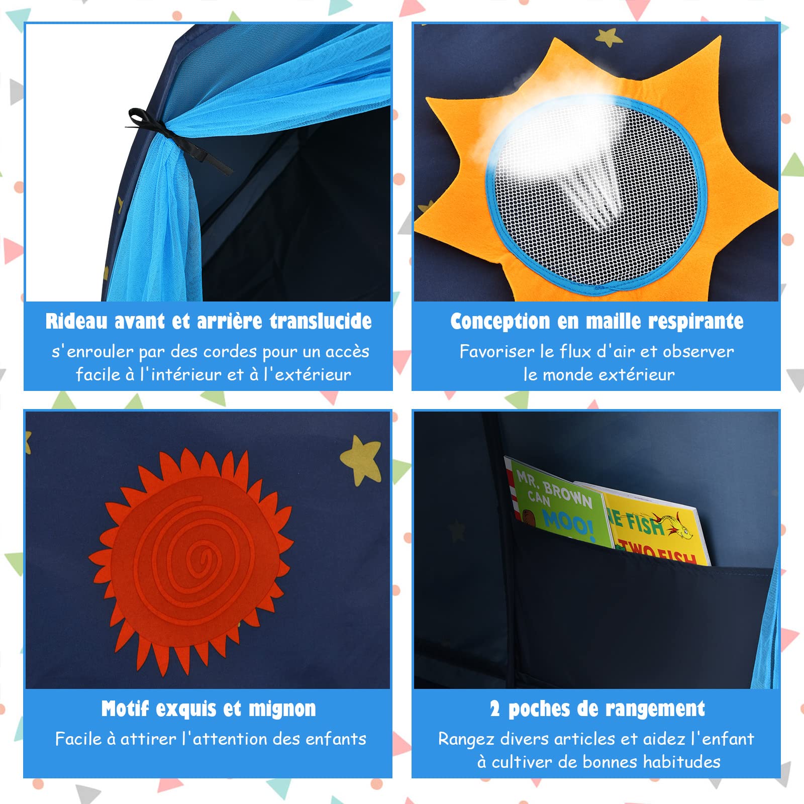 GOPLUS Tente de Lit Enfants, avec Double Rideau en Maille, Sac de Transport, Tente de Jeu Portable pour l'Intérieur & l'Extérieur, en Forme de Tunnel, Structure Stable, (Bleu)