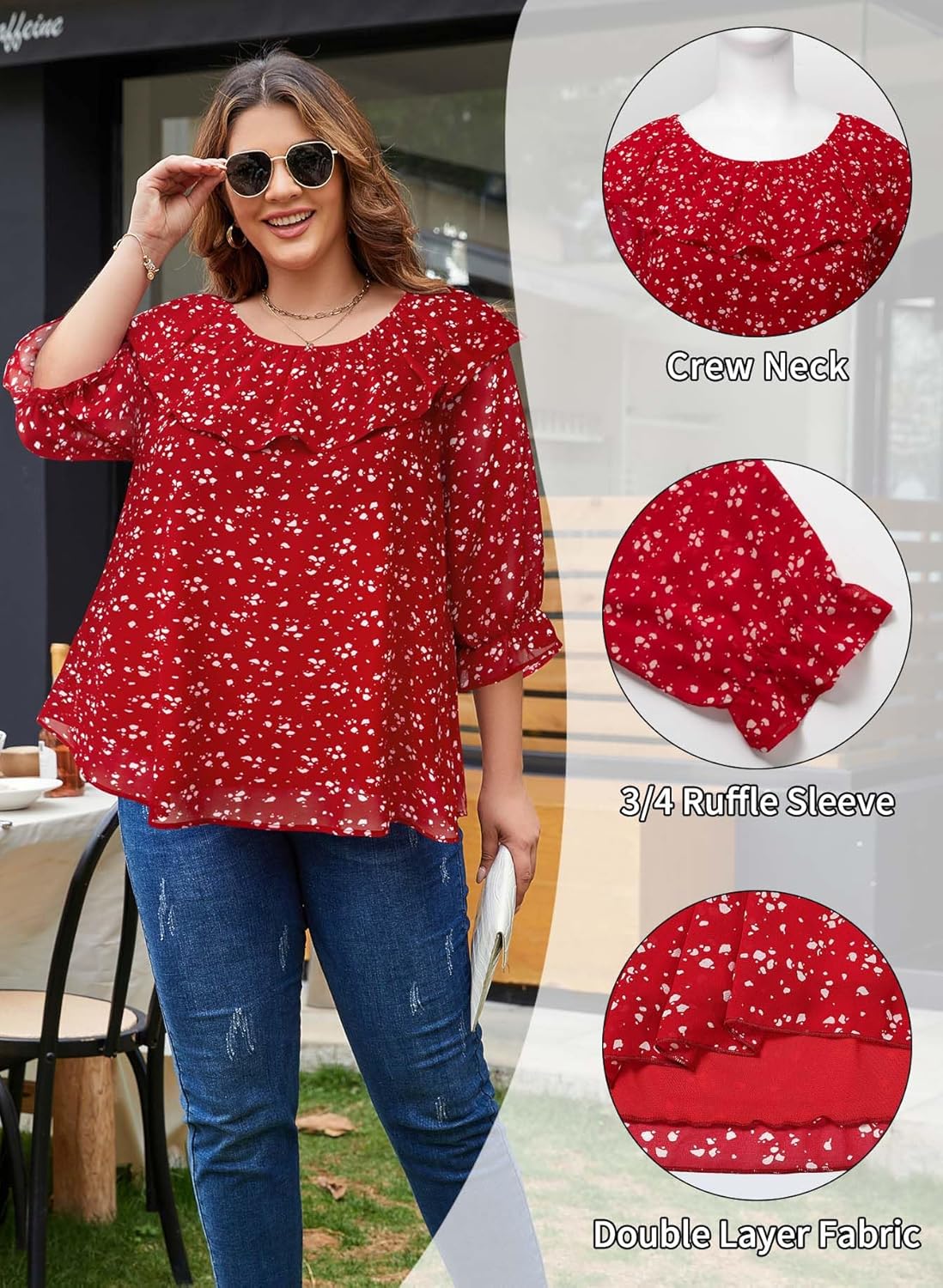 Siddhe Womens Plus Size Tops 3/4 Sleeve off the Shoulder Dressy Casual Curvy Shirts Ruffle Chiffon Blouses Crew Neck Tunic - Image 4