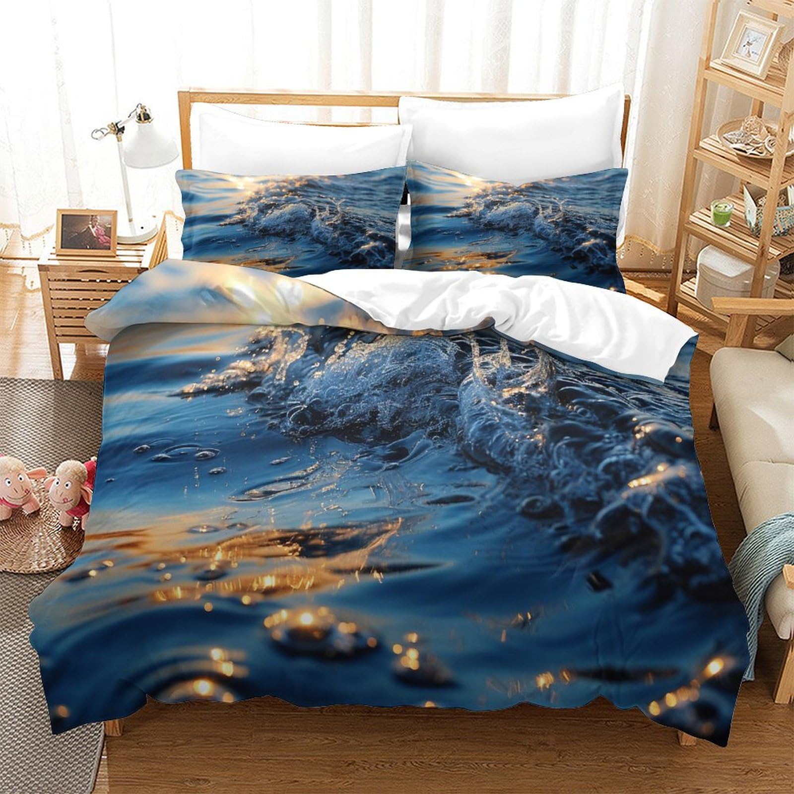 P1s9u7w5y Water Ripple-7 Artistic Ocean Wave 3D Printed Microfiber 3Pcs Duvet Cover Set, Sea Design Bedding Set Decor Double（200X200cm）