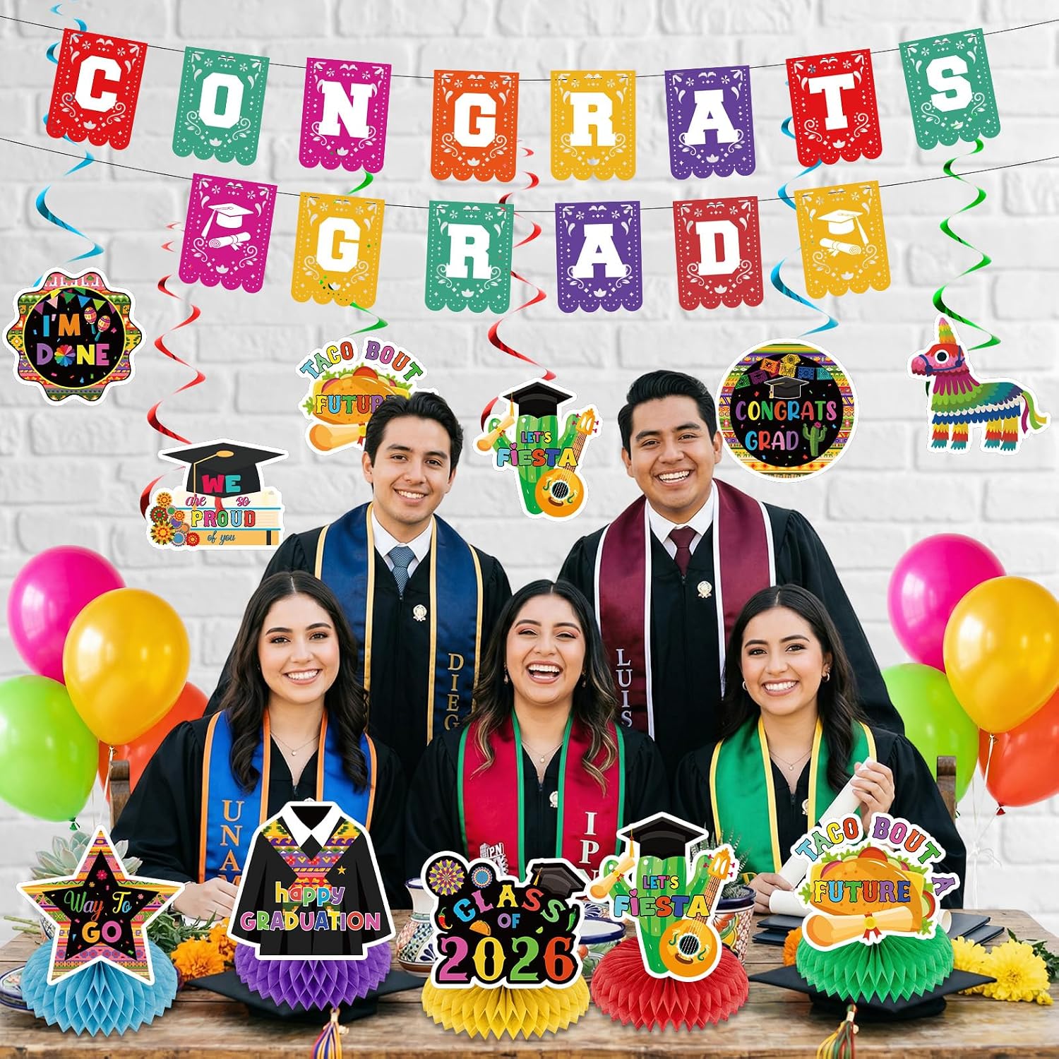 Mexican Fiesta Graduation Decorations 2026, Taco Bout A Grad Party Supplies, Large Fabric Backdrop, Congrats Grad Banner, Hanging Swirls & Honeycomb Centerpieces, Class of 2026