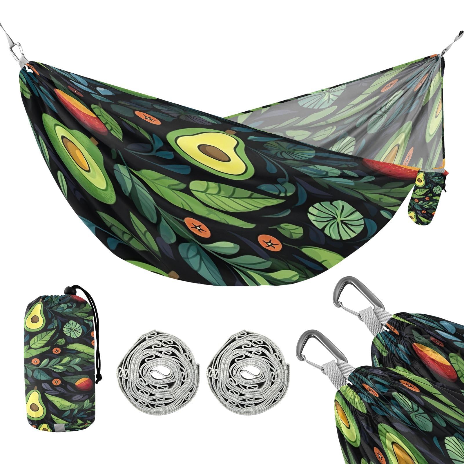 SDMKA Cartoon Avocados Camping Hammock, 330 lbs with 2 Tree Straps, Carry Bag, Single Portable Hammock for Outdoor/Indoor, Hiking, Beach, Backpacking, Travel