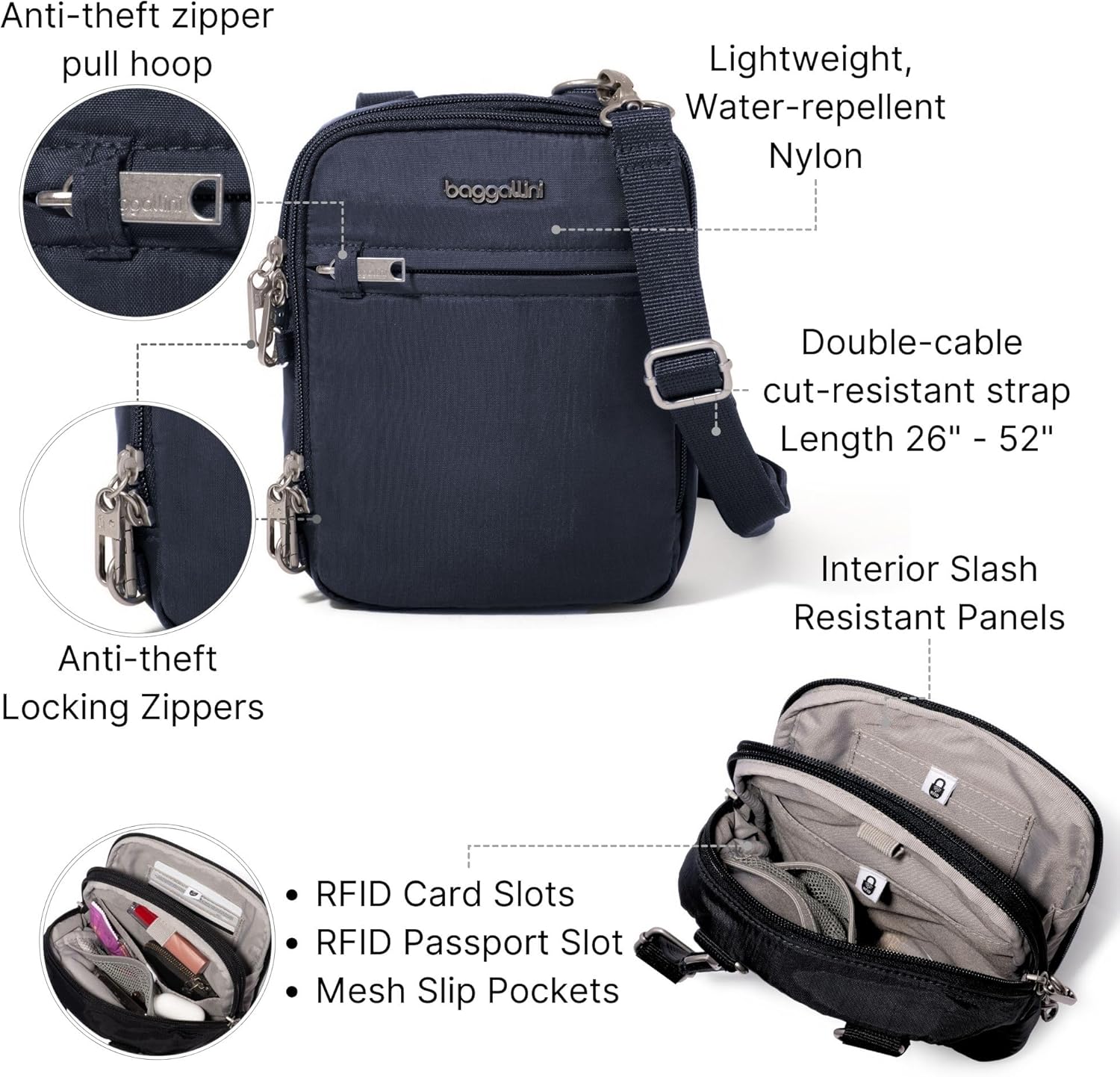 Baggallini Securtex® Anti-theft Mini Everything Crossbody Bag, 6.3"x8.25" Rfid, Locking Zippers & Cut-resistant Strap - Image 3