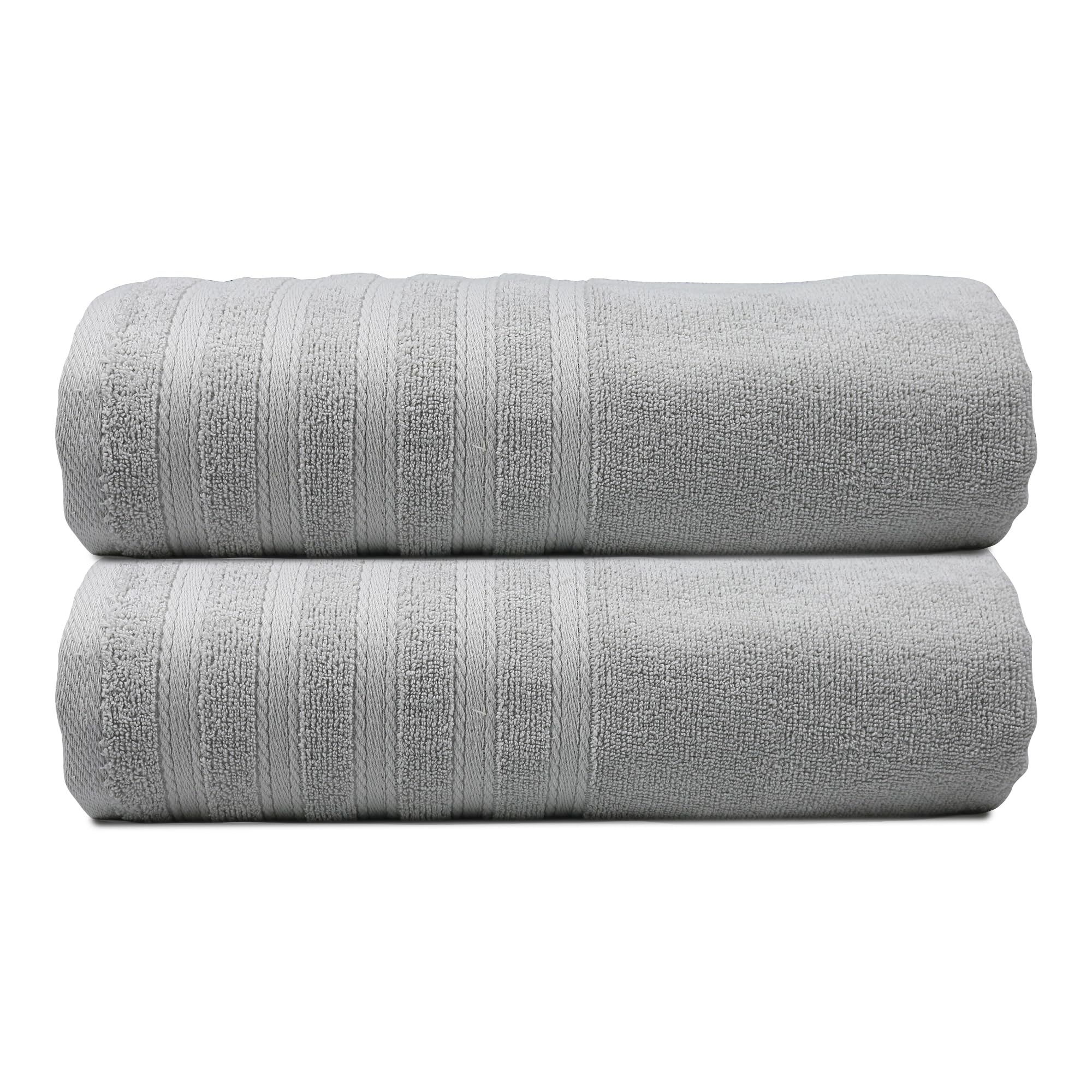 Hotel Linen KlubPACK of 2 Bath Towel - 100% Cotton 600 GSM Terry, Super Soft Quick Dry Highly Absorbent Dobby Border Ring Spun, Size: 70 x 140cm, Silver