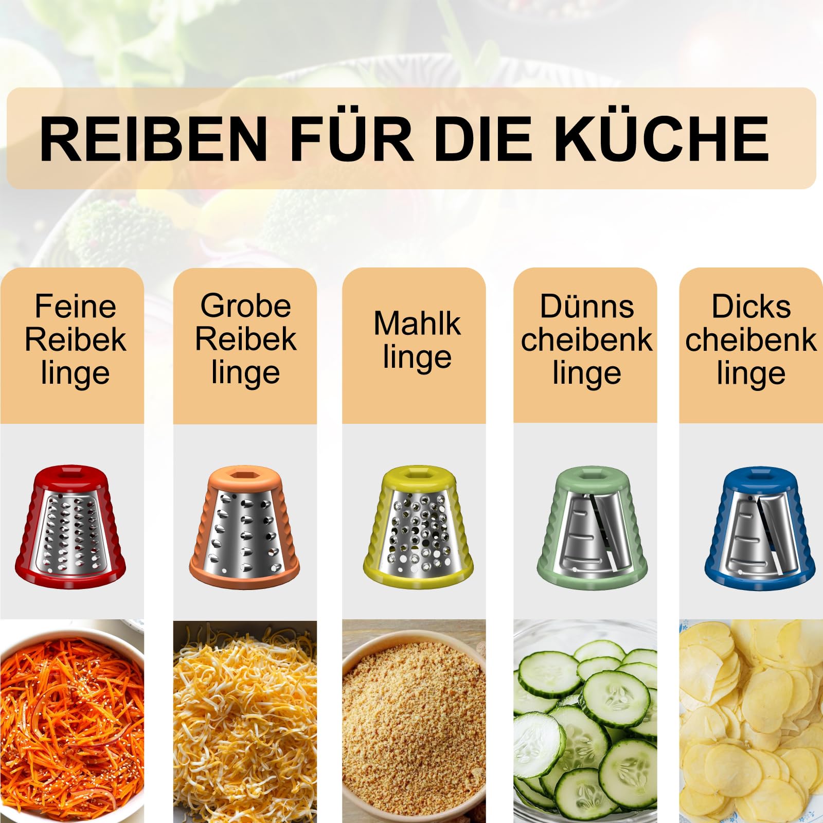 Coupe-légumes Électrique 5-en-1 Râpe à Légumes avec 5 Lames de Tambour Interchangeables Râpe Électrique et Broyeur pour Fruits Légumes Fromage Fruits Noix Carottes Utilisation en un Clic Râpe