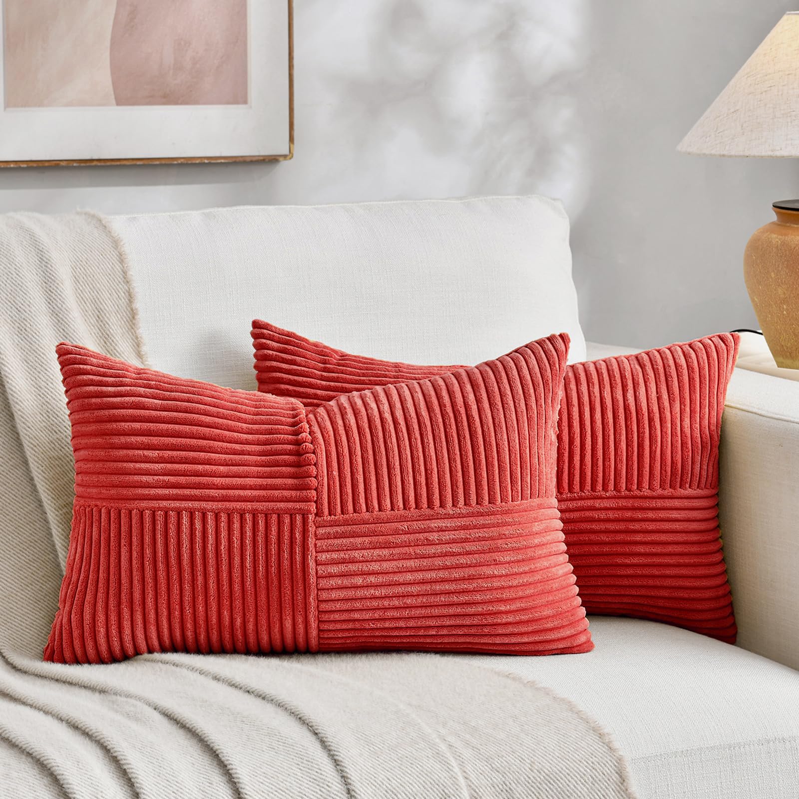 Fancy Homi 2 Packs Red Lumbar Decorative Throw Pillow Covers 12x20 Inch for Living Room Couch Bed Sofa, Holiday Christmas Home Decor Gift, Soft Striped Corduroy Rectangle Accent Cushion Case 30x50 cm — image 1