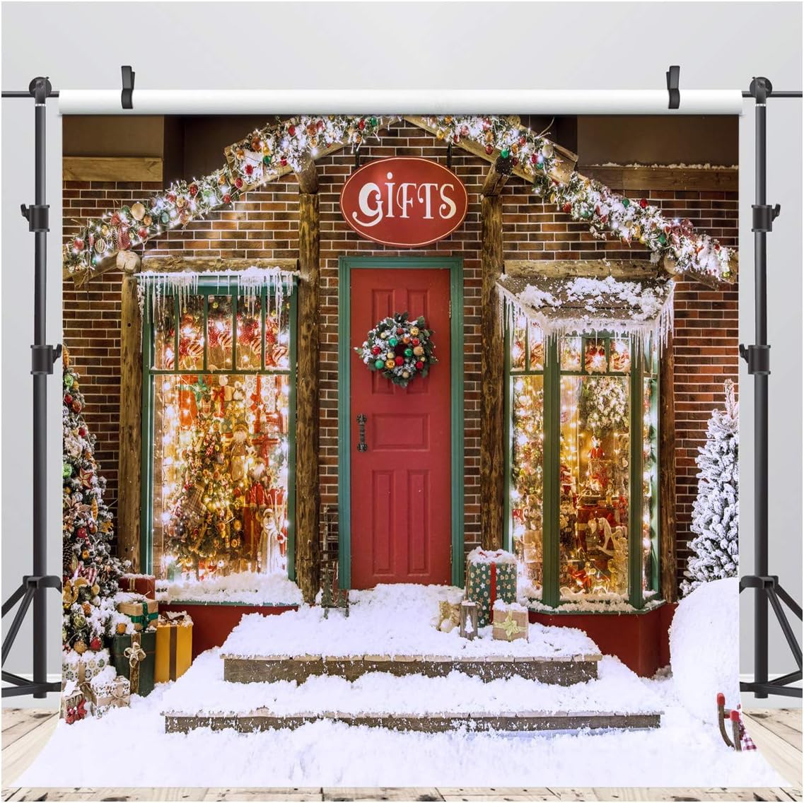 Cheapest 🛒 AIIKES 10x10FT Christmas Tree Backdrop Room Glitter Brick Wall Wreath Photography Background Snow Xmas Gifts Backdrops Family Party Home Decoration Photo Studio Booth Props 11-779