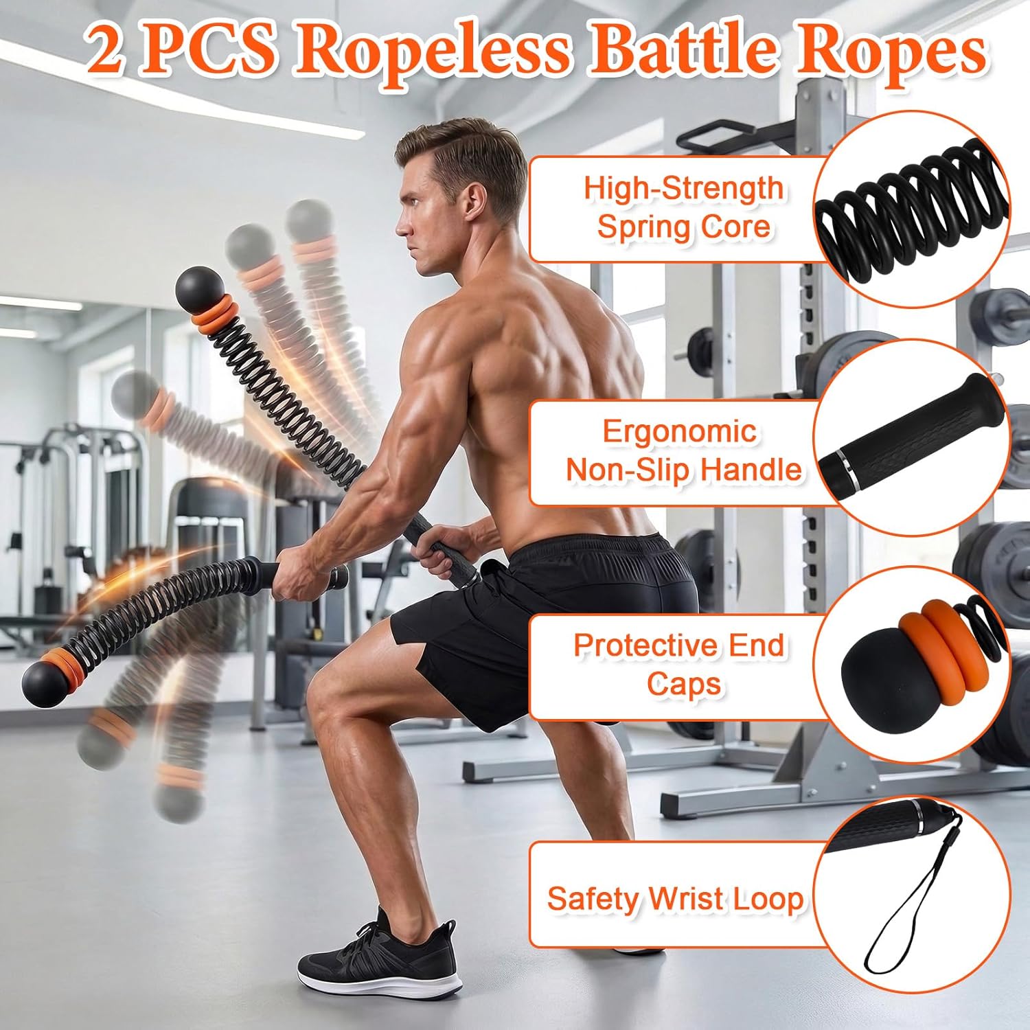2 PCS Ropeless Battle Ropes, Adjustable Weighted Cordless Battle Ropes with Non Slip Handle and Wrist Guard, Portable Battle Rope Workout Equipment for Home, Strength Training & Full Body Exercise
