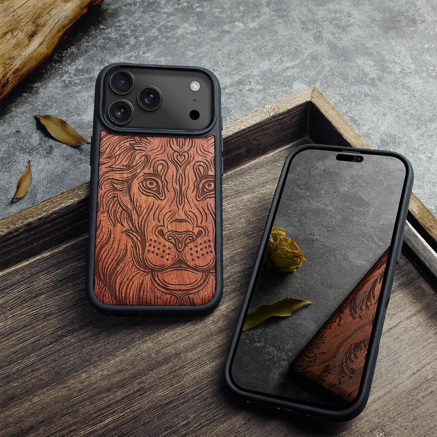 Carveit Magnetic Wooden Case for iPhone 17 Pro Max Case, Wood Artisan Engraved & Black Soft TPU Shockproof Cover, Compatible with MagSafe Wireless Chargers (Zentangle Lion) Rosy