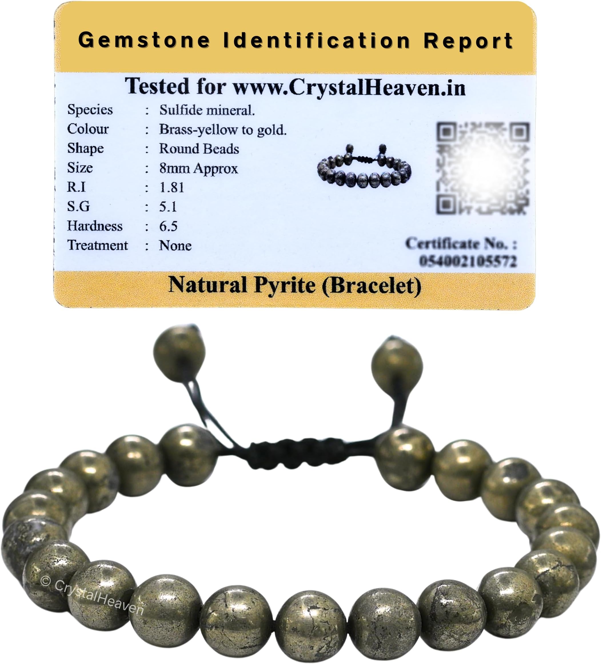 Crystal Heaven Certified Natural Healing Pyrite Crystal Bracelet For Women Men - Aaa Grade Original Healing Gemstone Adjustable Bracelet For Yoga Reiki Meditation Feng Shui