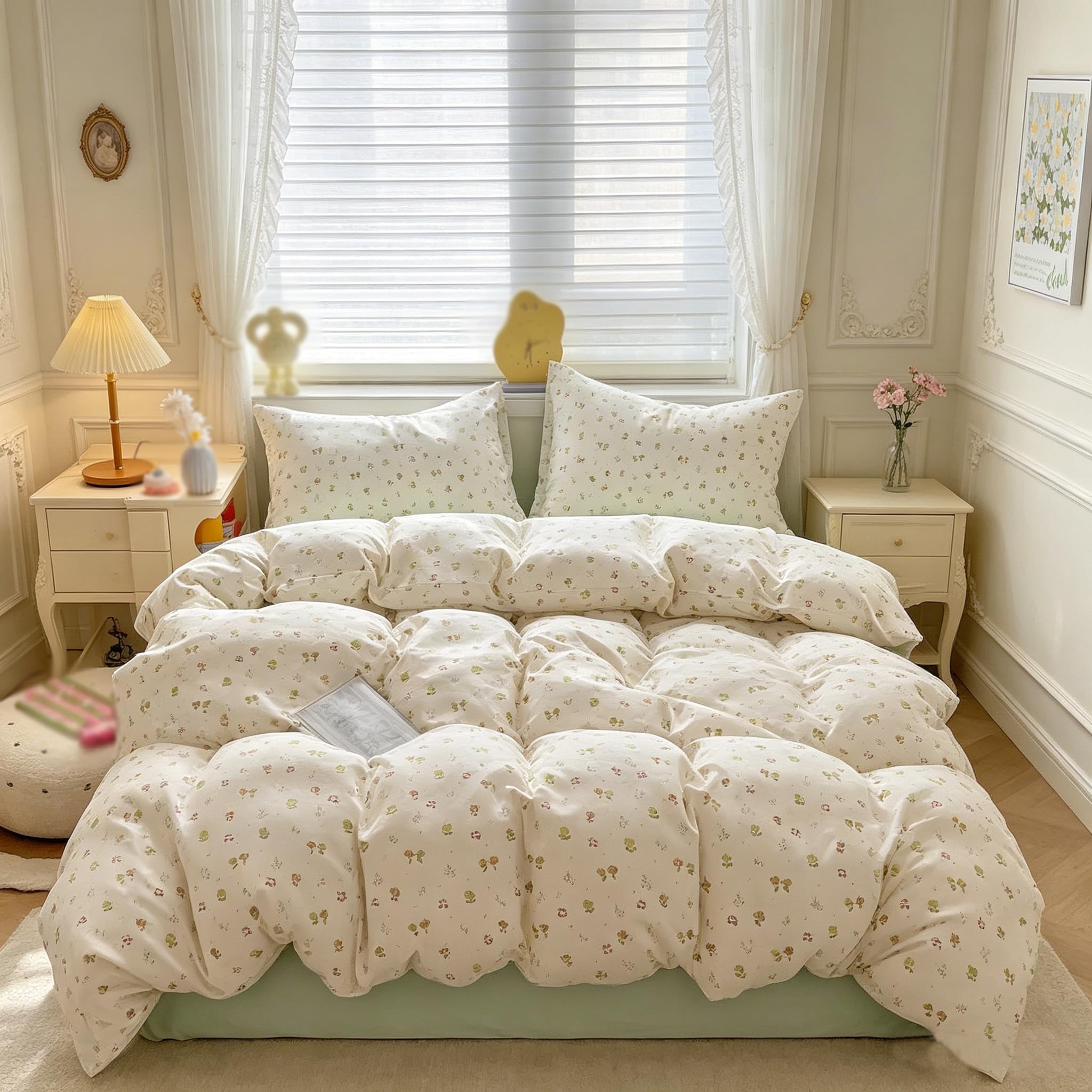 Housse de couette 220x240 cm blanche et verte à motif fleurs parure de lit 3 pièces
