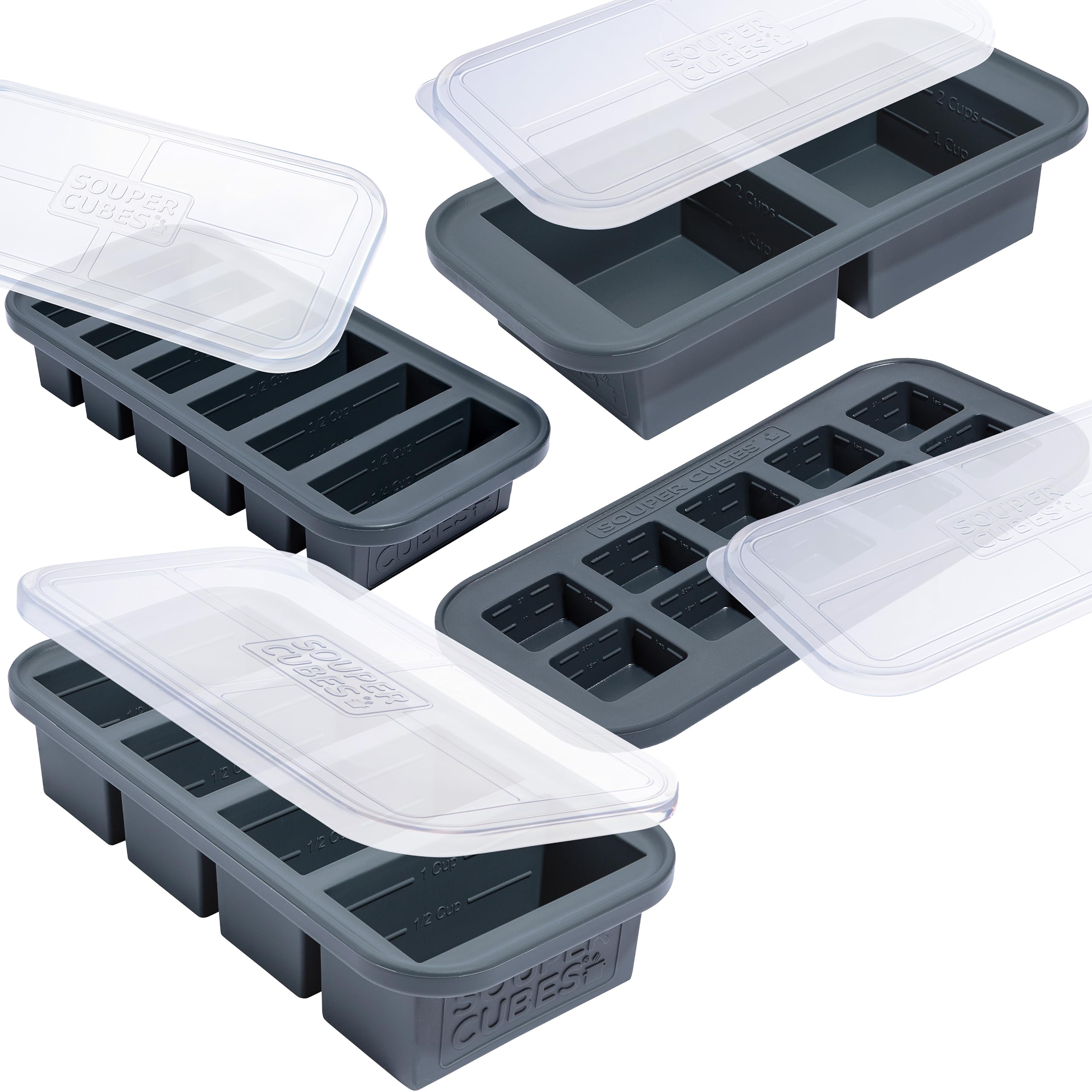 souper cubes silicone freezer molds gift set with 2 tbsp 12 1 and 2 cup silicone freezer trays with lids - meal prep and kitchen essentials bundle - charcoal