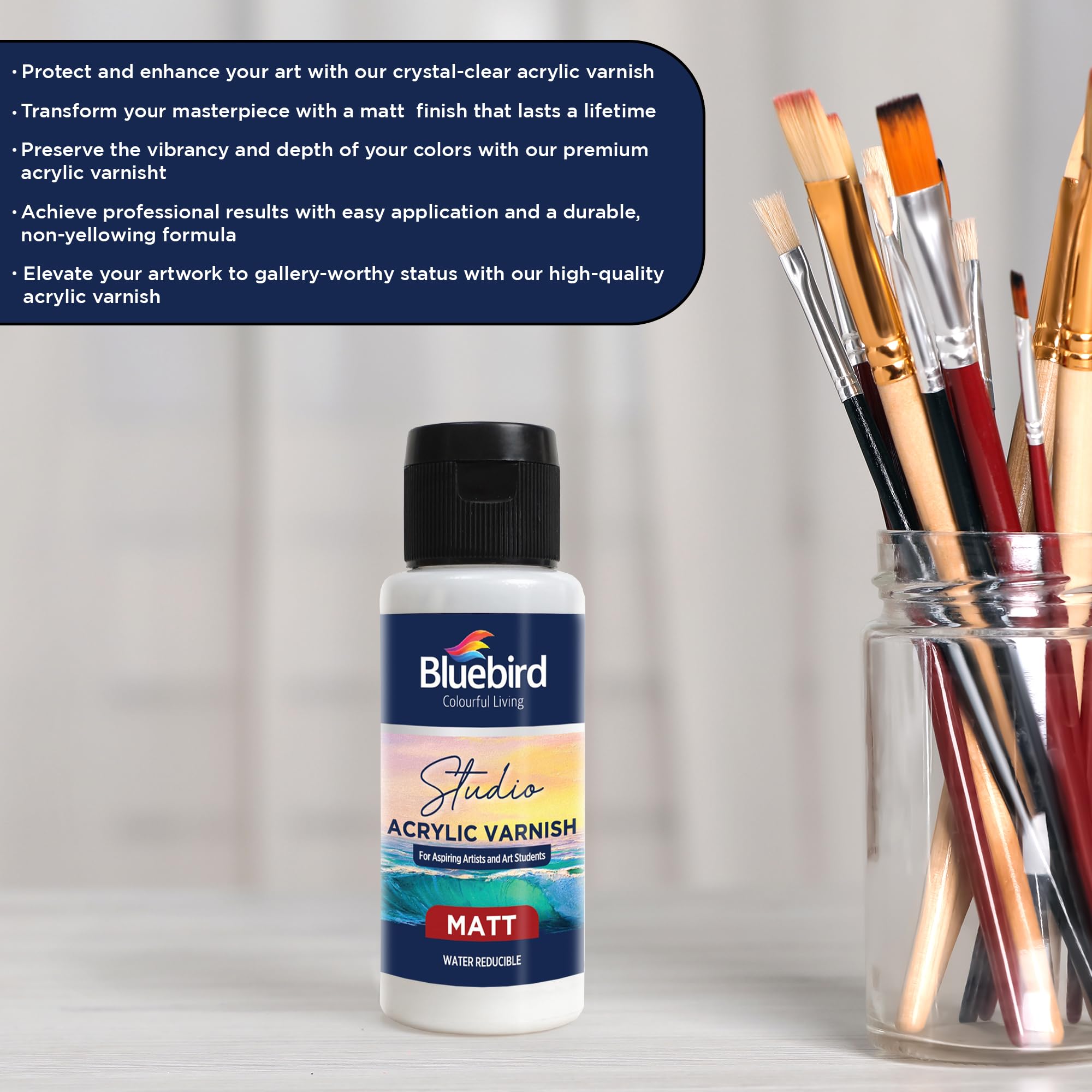 BLUEBIRD Studio Acrylic Varnish, Matt, 3.38 Fl Oz (100ML), Non-Yellowing, Non-Toxic, Anti-Crazing, Basic Varnish for Pro Artists, Hobby Painters & Kids