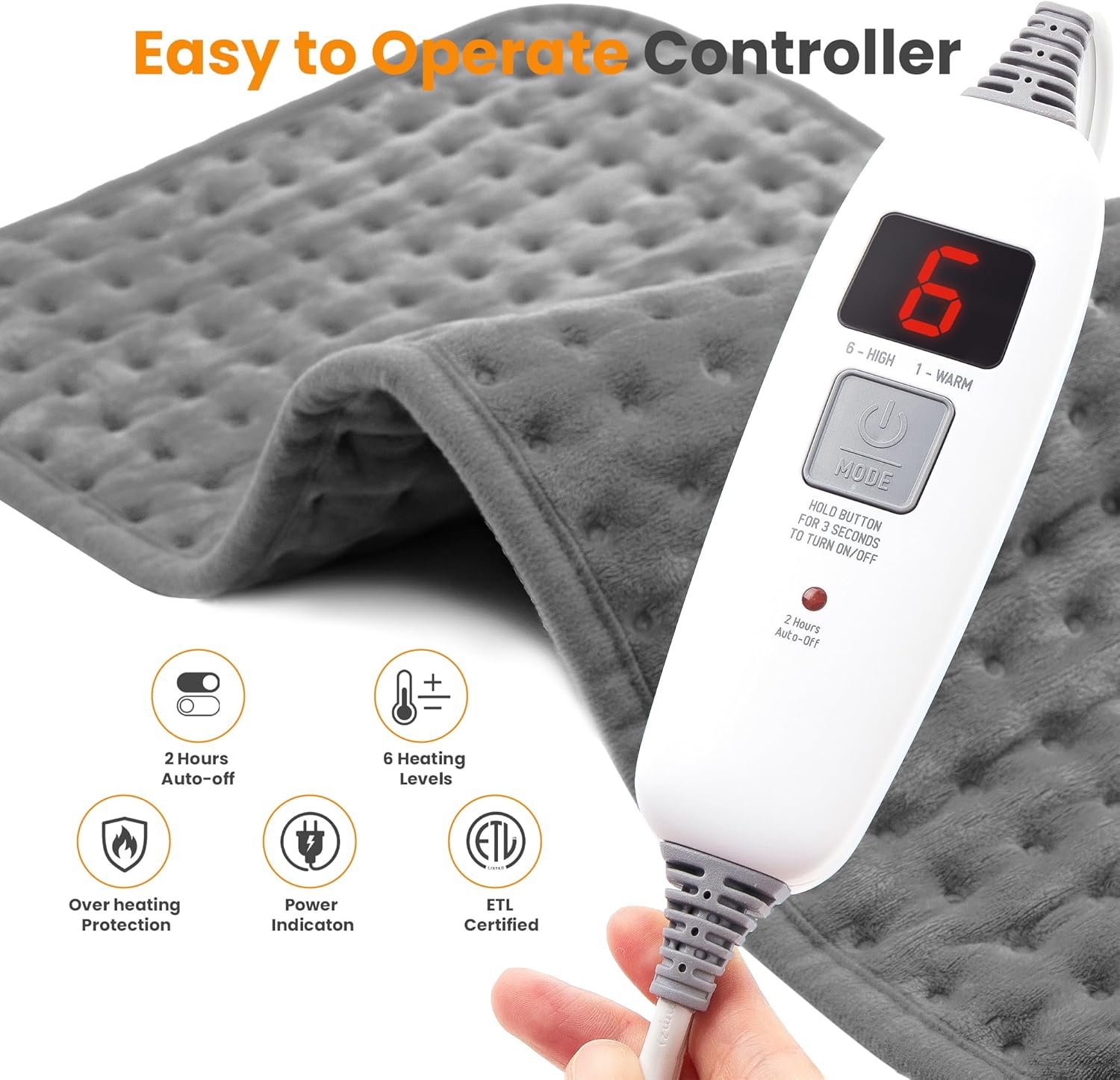Electric Heating Pad for Back Pain Relief & Cramps - 6 Heat Settings,Auto Shut Off,Moist Heat Options,Portable Heated Pads for Neck/Shoulder Machine Washable Gift for Men Women,Grey,20"x24" - Image 2