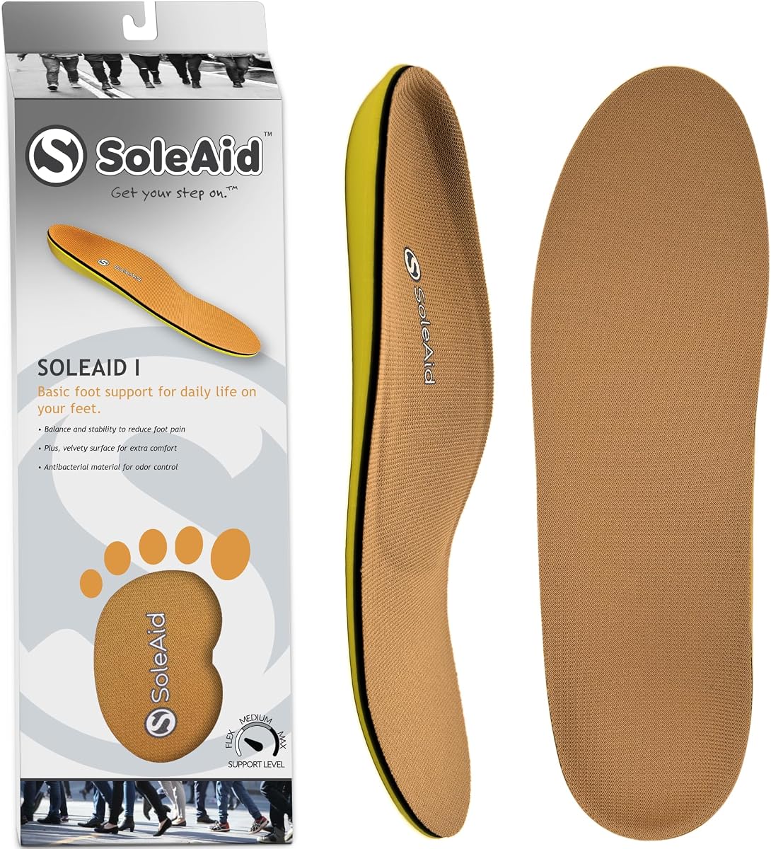 Soleaid Insoles I, Plantar Fasciitis Insoles with Semi-Flex Arch Support, USA Made Foot Orthotics for Foot Pain Relief and Mild Pronation (Women 7-7.5 / Men -)