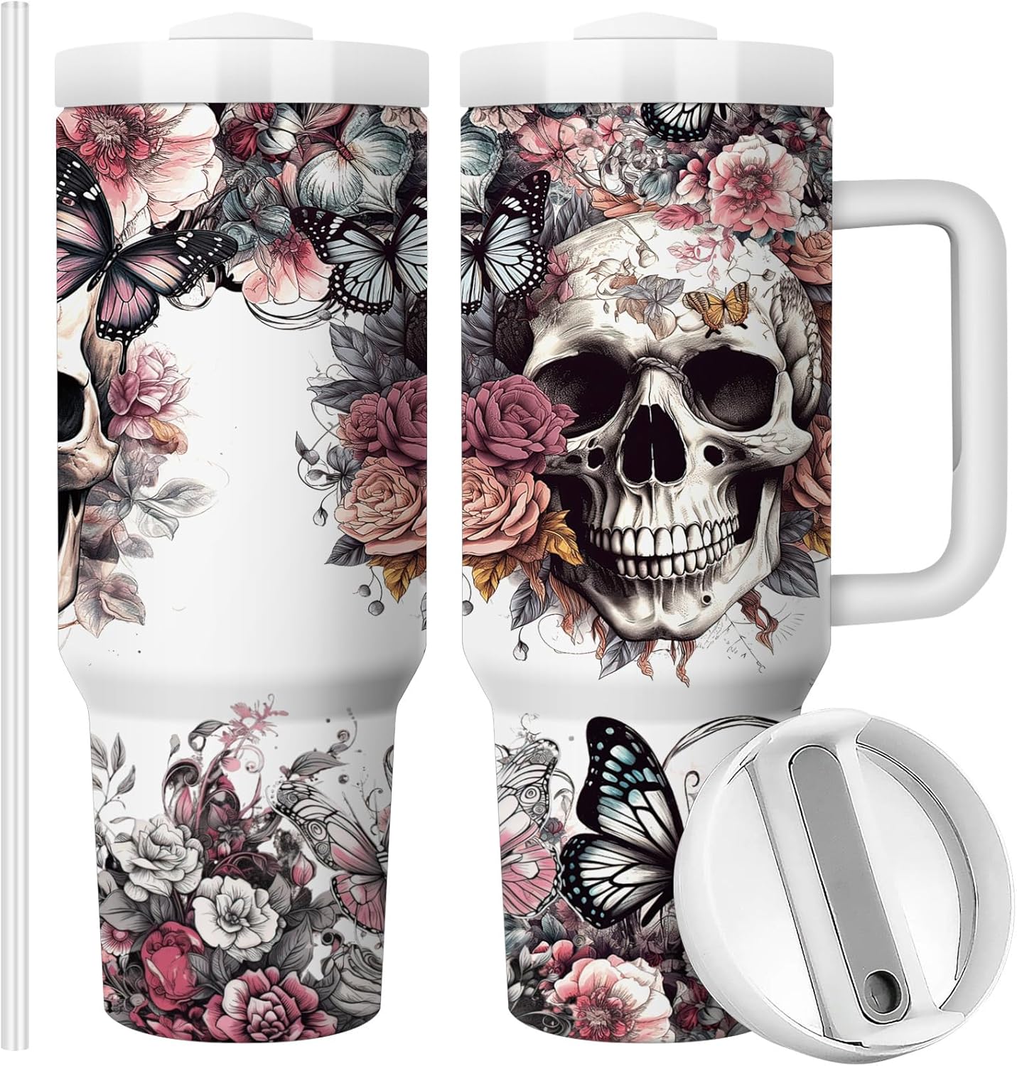 Equoza Horror Gifts Idea for Men 40oz Gothic Skulls Stainless Steel Travel Mug Tumbler with Handle, Double Wall Vacuum Insulated Cup with Lid and Straw (Pack of 1)