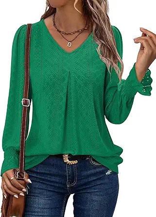 KISSMODA Long Sleeve Fall Shirts For Women V Neck Tunic Tops Embroidered Button Down Knitted Blouses 2025