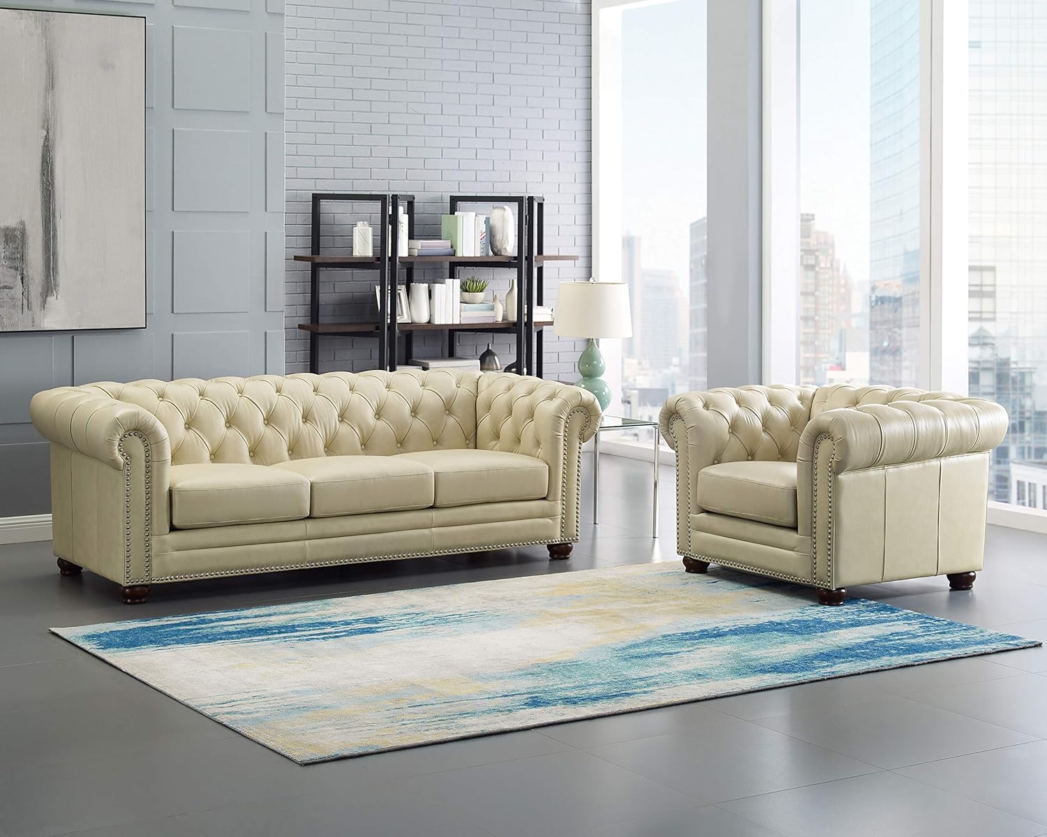 Hydeline Aliso 100% Leather Sofa and Chair Set, Vanilla