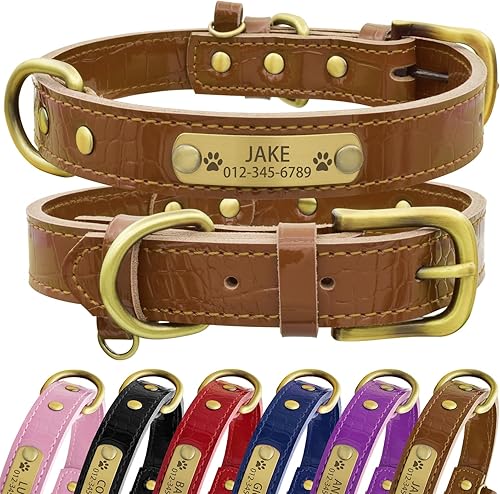 Miniatura 23 de Collar de perro de cuero genuino personalizado con placa de nombre grabada, duradero y elegante collar de perro personalizado para perros pequeños