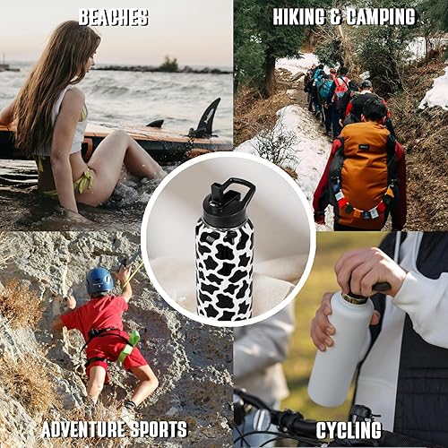 Miniatura 7 de Botella de agua con estampado de vaca con pajitas, botella deportiva aislada al vacío de doble pared, taza térmica de viaje, vaso de acero