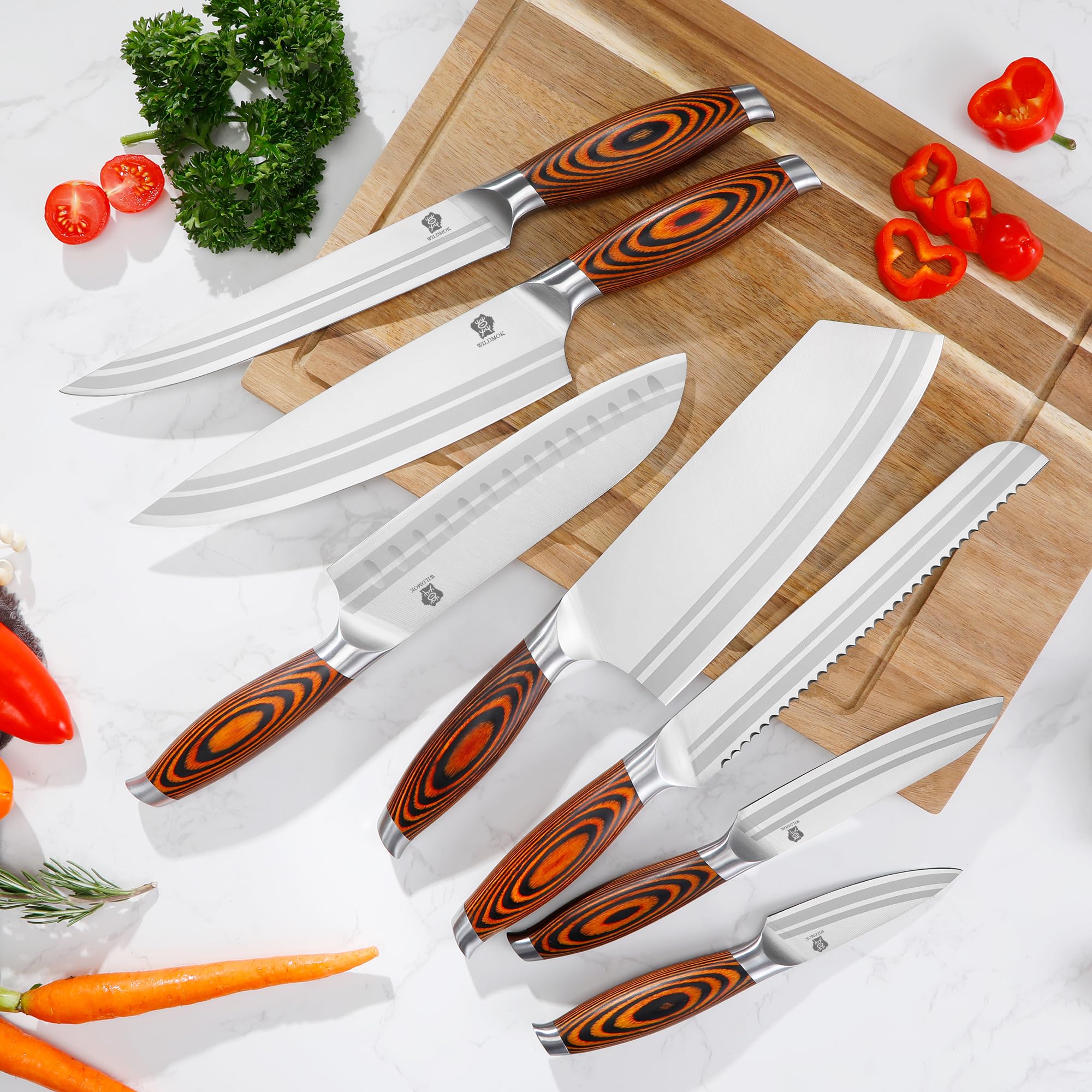 WILDMOK Set di coltelli da cucina 7 pezzi con manico in legno di pakka premium Set di coltelli in acciaio tedesco include set di coltelli da chef mannaia