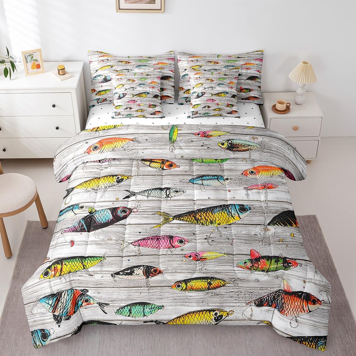 Feelyou Fishing Bait Comforter Set 7 Pieces Twin Size Fishing and Hunting Bedding Set for Kids Boys Girls Country Wood Bed in a Bag with Comforter + Sheets + Pillowcases + Cushion Covers