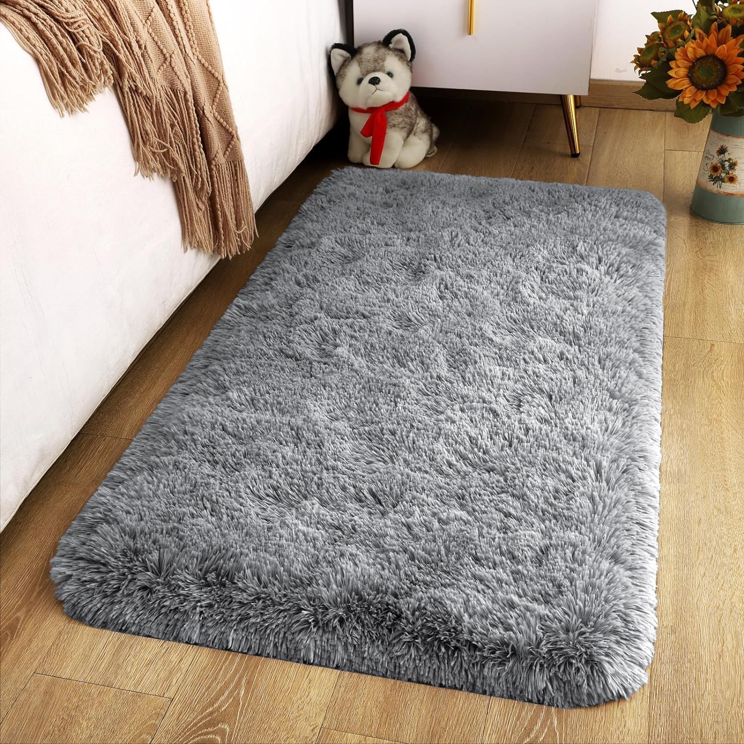 Oxford Homeware Rugs Living Room 60×110 cm – Grey Area Rugs for Bedroom Small – Fluffy Shaggy Super Soft Non Slip Rug Washable Modern Floor Carpets Bedside Rug for Kids Room