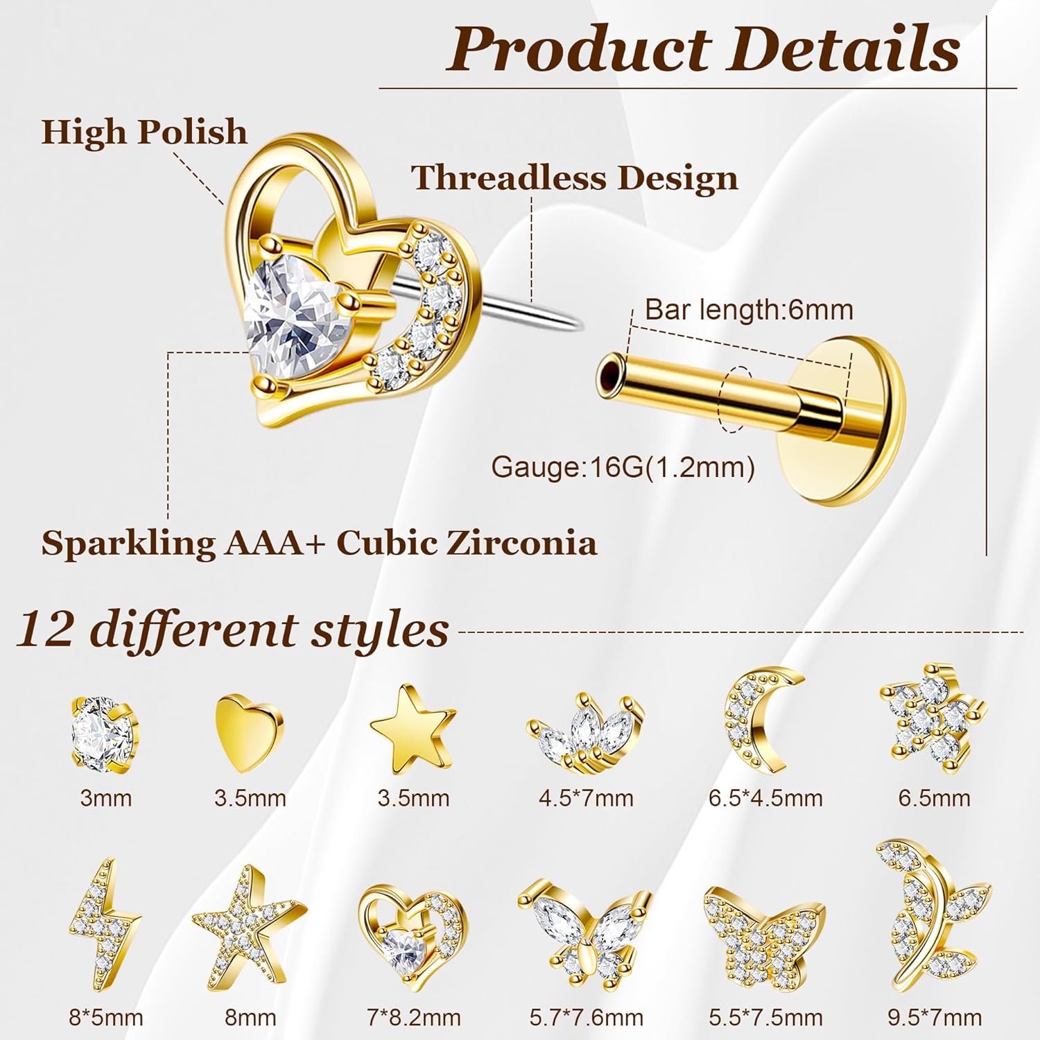 REVOLIA 12Pcs 16G Threadless Cartilage Earrings Stud 14K Gold Plated Tragus Earrings for Women 316L Stainless Steel Flat Back Earrings Stud Helix Conch Cartilage Piercing Jewelry Set 6/8mm - Image 3