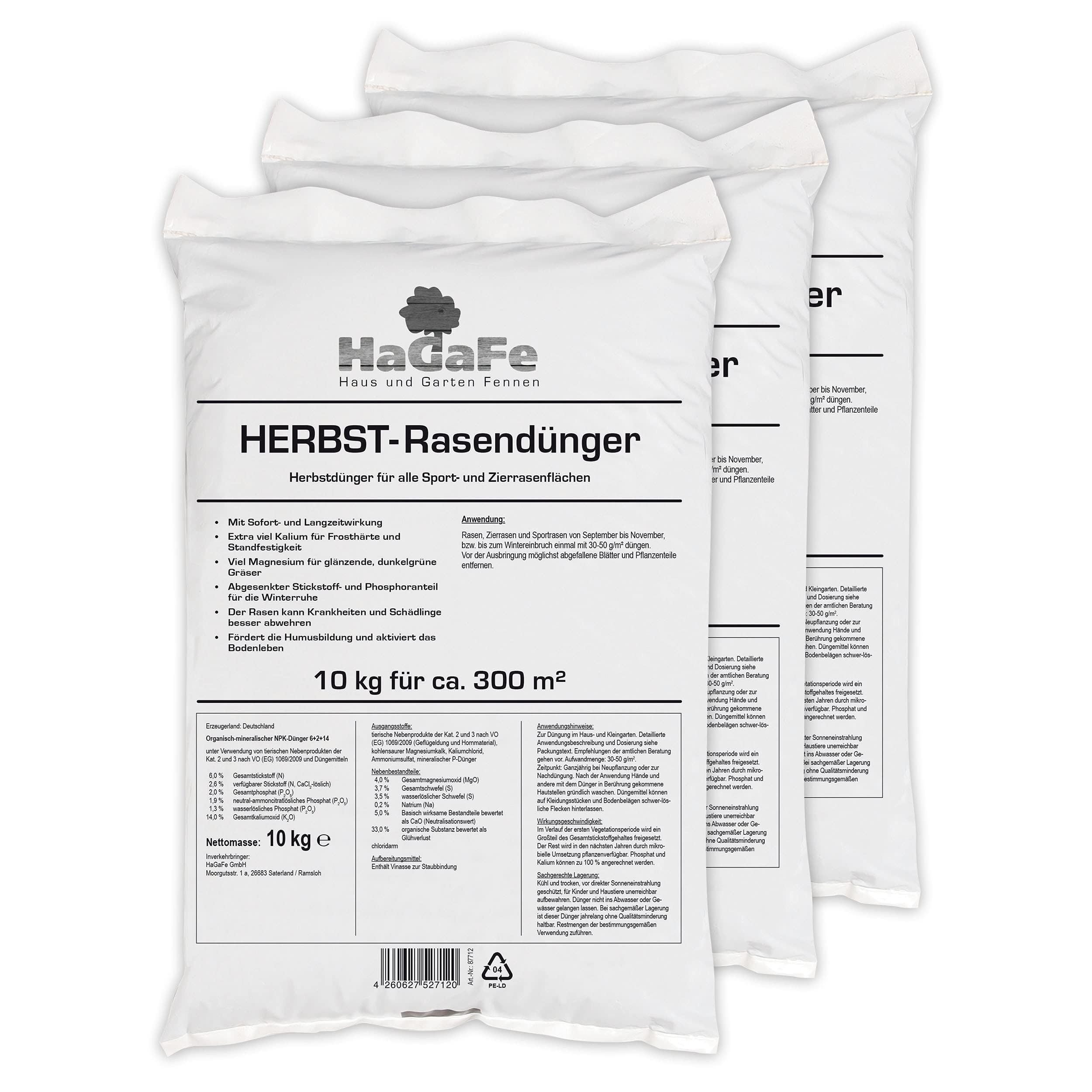 30kg (3 x 10kg) HaGaFe Herbstrasendünger, Herbst - Rasendünger, Dünger, Kaliumdünger für Frosthärte und Standfestigkeit, gut streuwagenfähig, gegen Krankheiten und Schädlinge