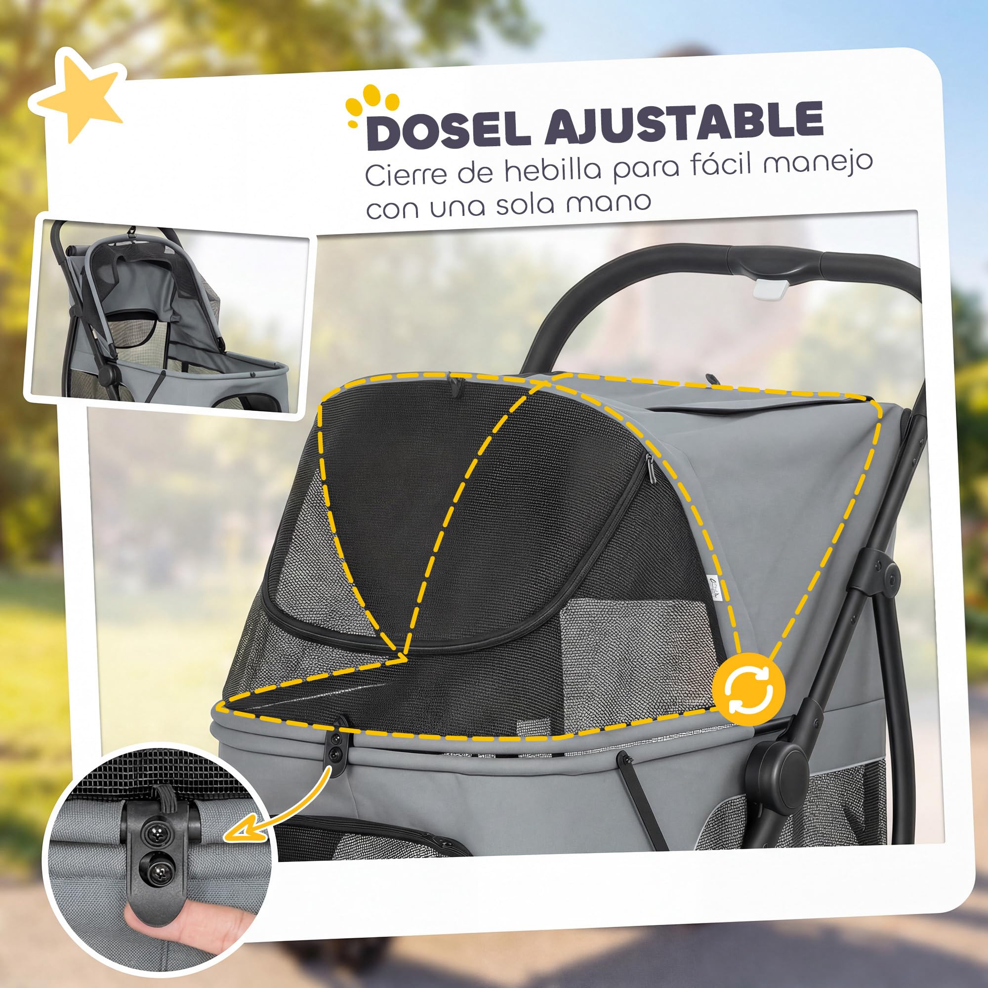 PawHut Carrito para Perros Plegable, Cochecito para Perros Medianos con 3 Ruedas, Ventanas de Malla, Cojín Lavable, Bolsillo, Correas de Seguridad, Frenos, Todo Terreno, Carga 20 kg, 92x63x95 cm, Gris