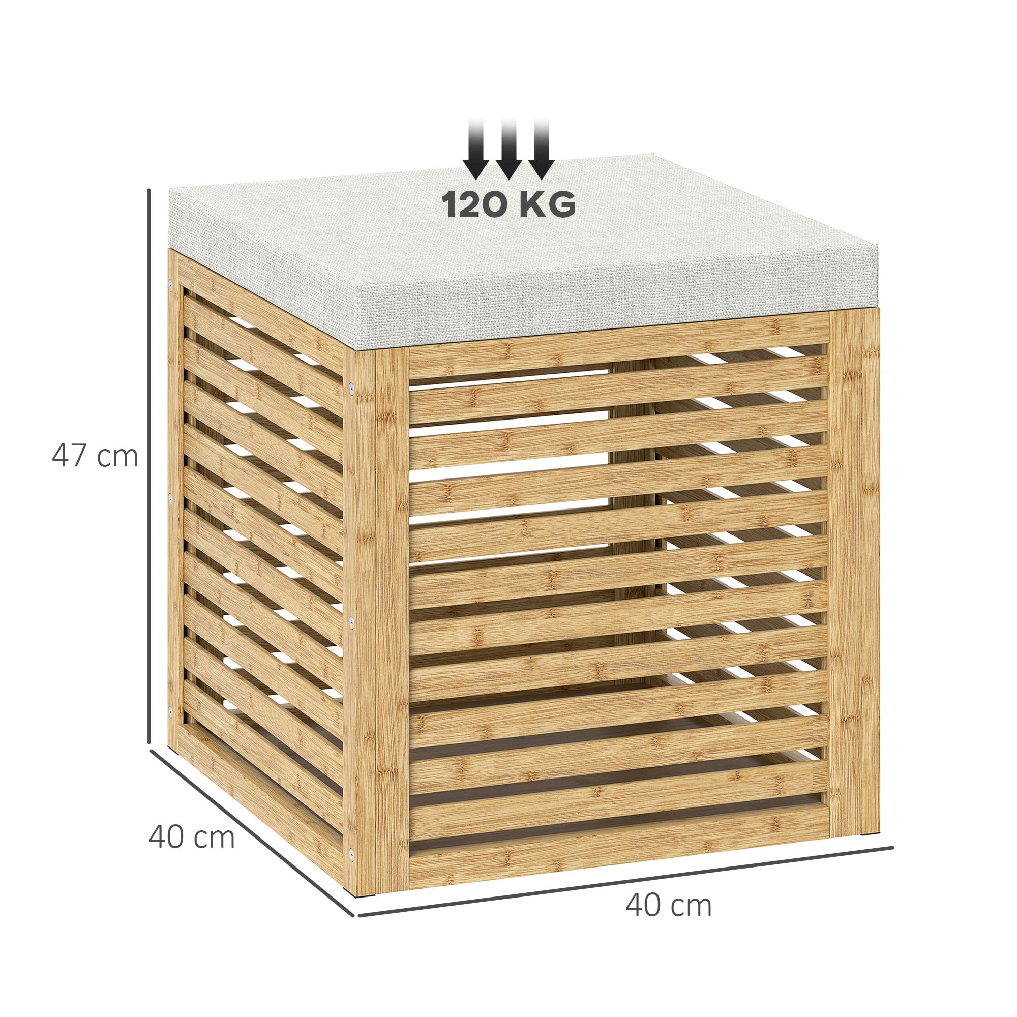 HOMCOM Baúl de Almacenaje para Dormitorio 54,7L Taburete de Almacenaje Tapizado en Lino Sintético con Cojín Marco de Bambú para Entrada Salón 40x40x47 cm Gris y Natural