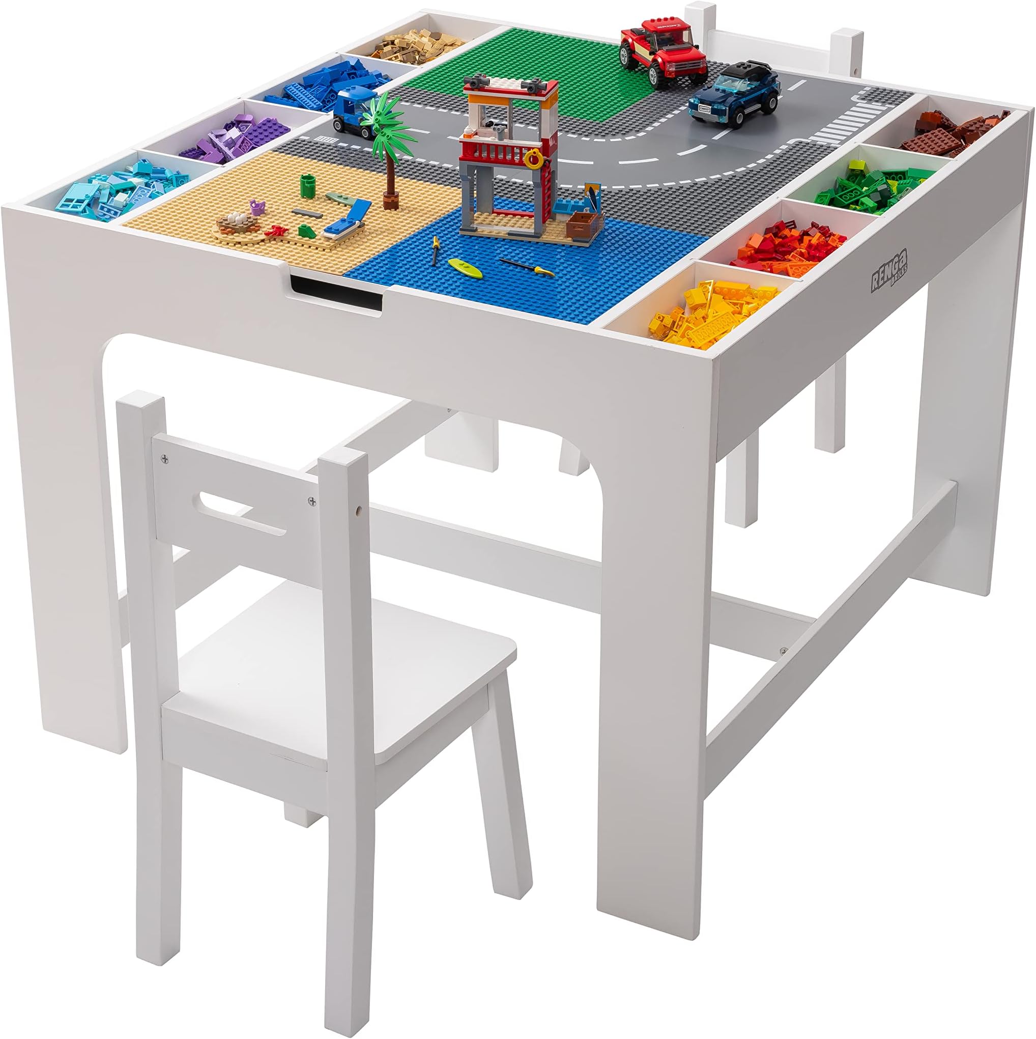 Kids 2 in 1 Play Table and 2 Chair Set with Storage, Compatible with Lego and Duplo Bricks, Activity Table Playset Furniture with Modern White Color