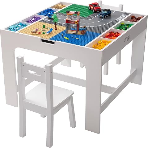 Kids 2-in-1 Play Table and 2 Chair Set with Storage, Compatible with Lego and Du