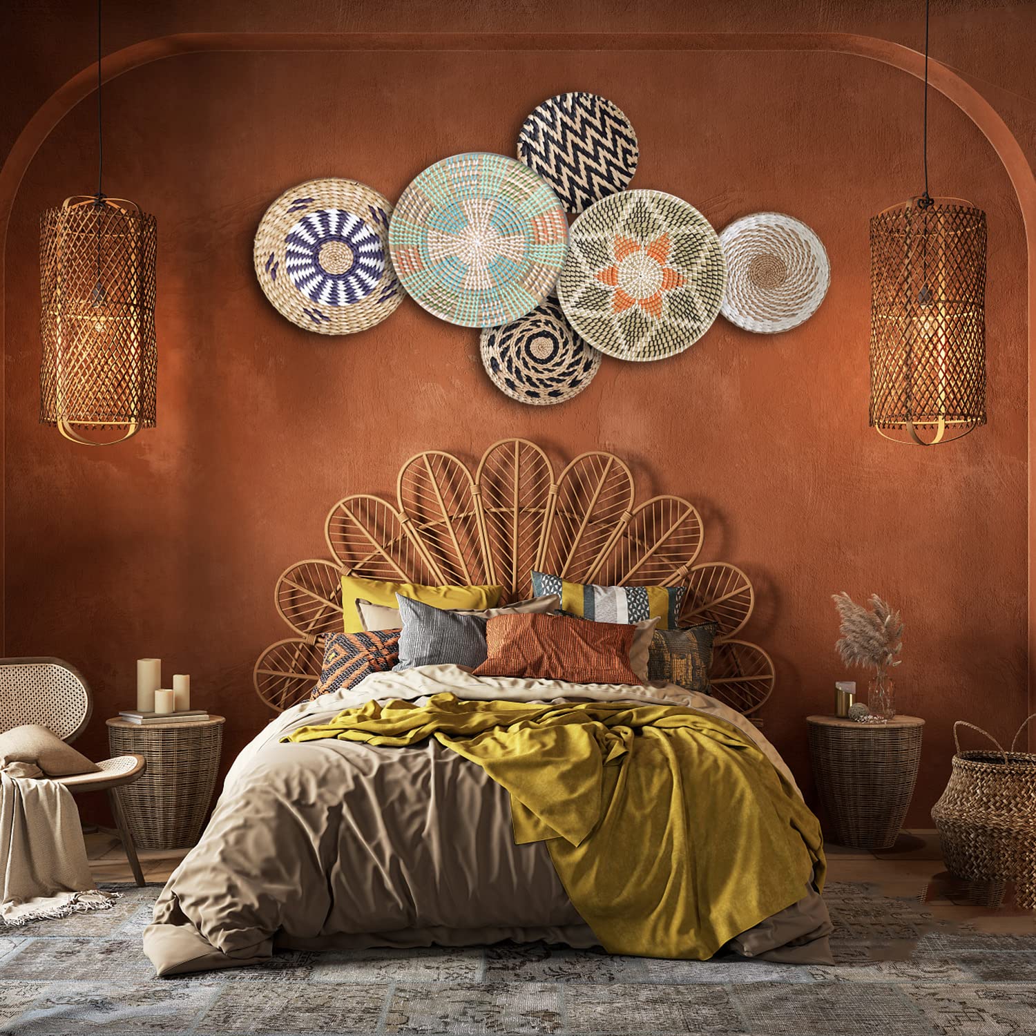 Set 6 Decorazioni Parete In Rattan Con Nappe - Fatto A Mano, Bohémien, Per Soggiorno E Camera - Foto 11