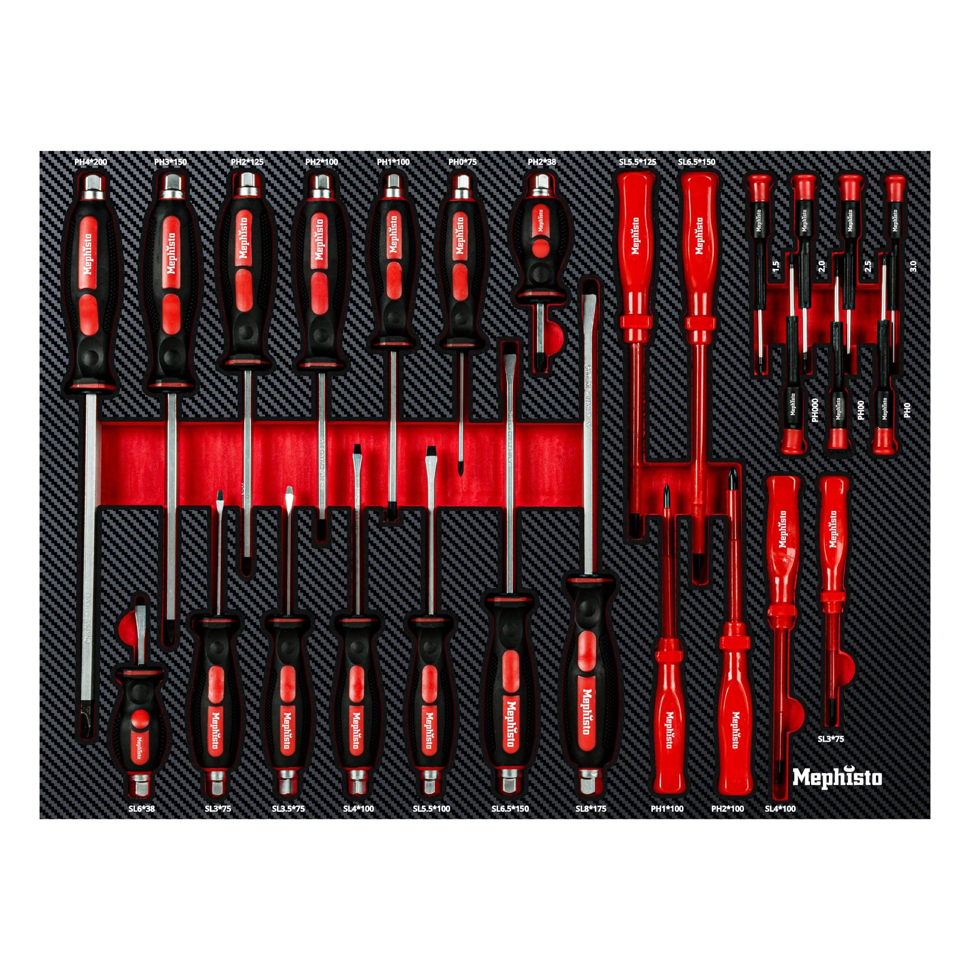 Mephisto Set di cacciaviti con impugnatura antiscivolo Soft Grip, set da 27 pezzi, cacciavite a croce, intaglio, di precisione, per elettricista, incl. Soft Inlay in effetto carbonio