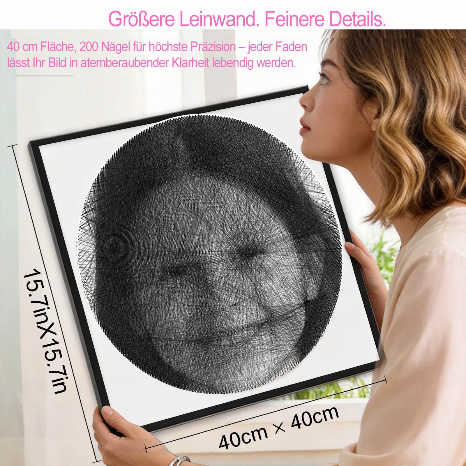 ssmiss Großes String Art Set 40x40cm - 200 Nägel String Art Kit mit Rahmen & Ständer - QR-Code für Video-Anleitung - Schnell in 3-7 Stunden DIY Bastelset- Geschenk für Anfänger, Erwachsene